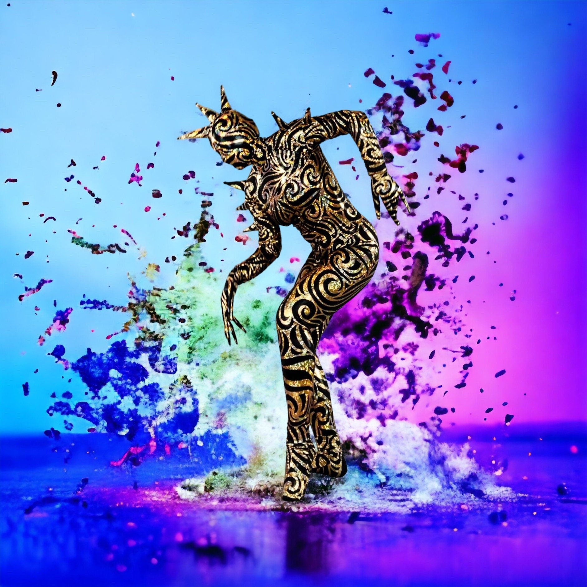 Alien Full Body Costume Set, Turtleneck Catsuit, Spiked Accessories, Open-Eye Headpiece