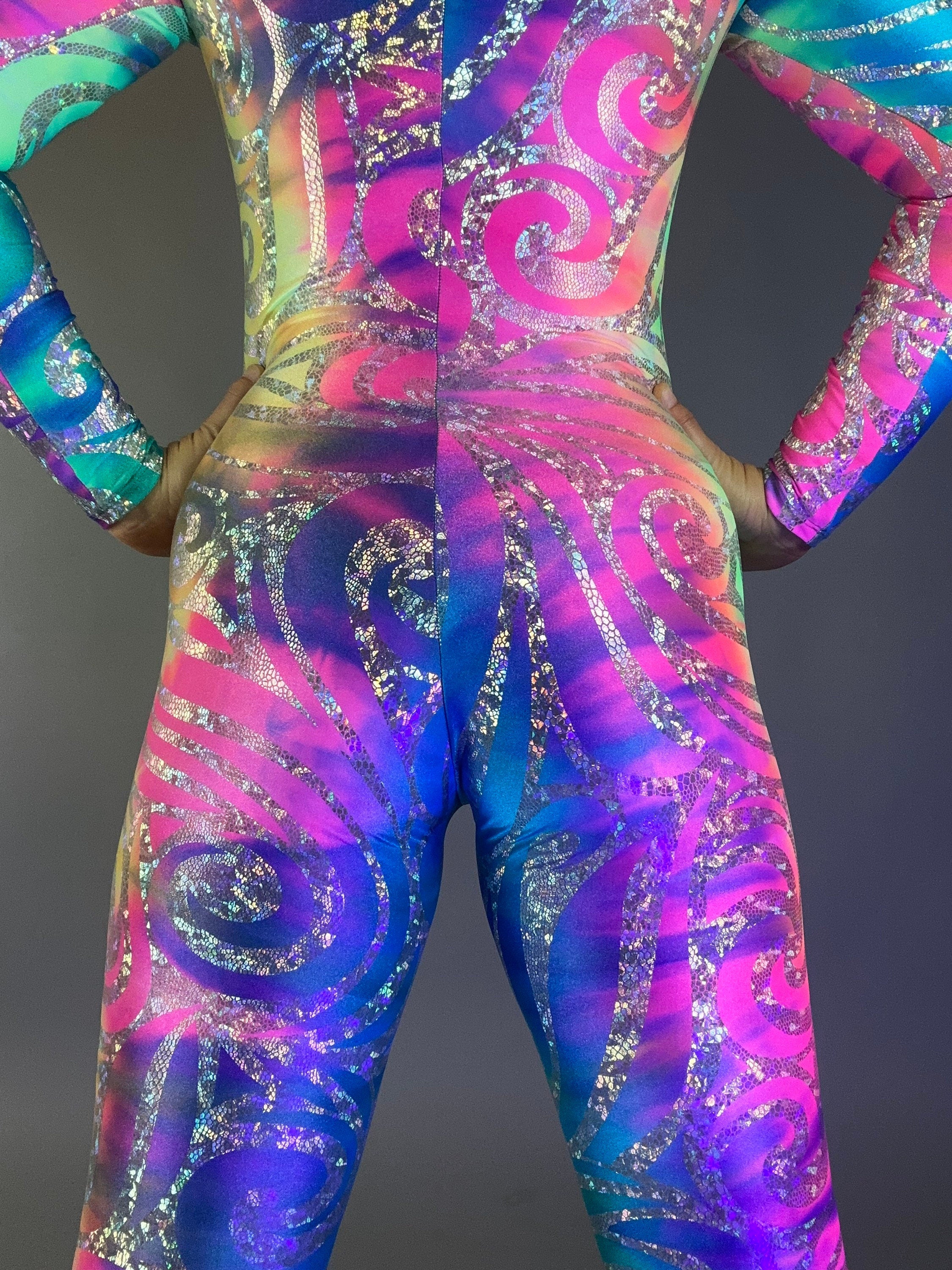 Rainbow Spandex Catsuit, Round Mock Neckline, Long Sleeves