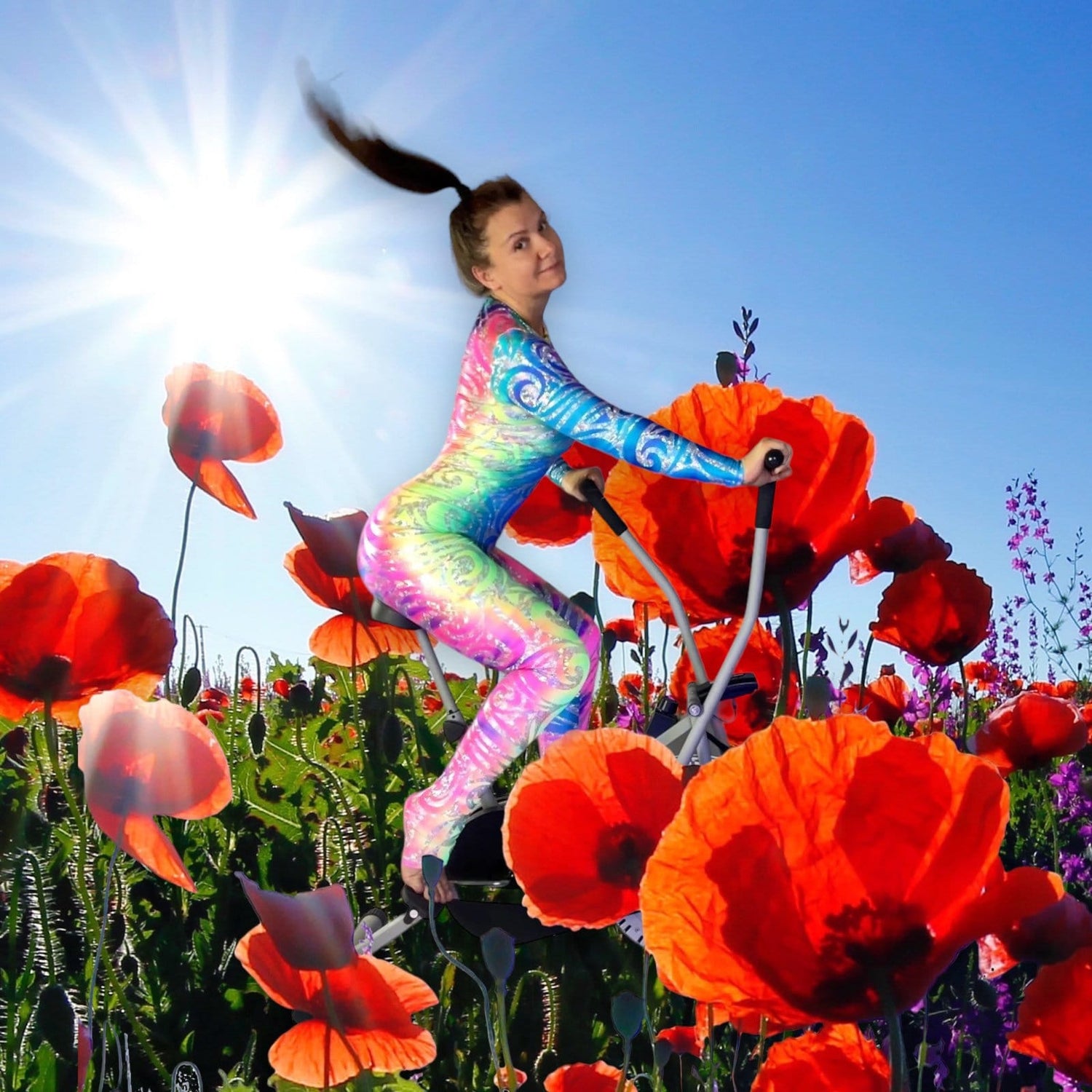 Rainbow Lycra Catsuit, Round Mock Neckline, Long Sleeves