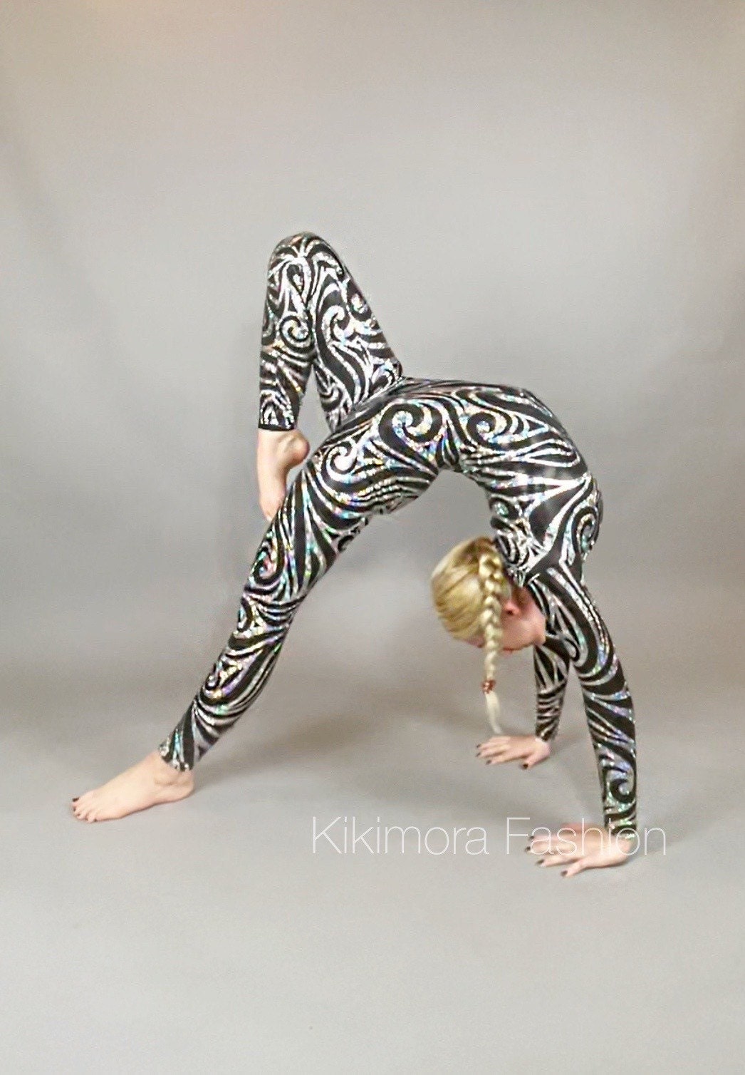 Black Swirl On Holographic Catsuit, Scoop Neck, Full Sleeves