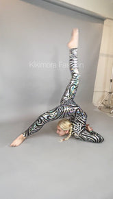 Black Swirl On Holographic Catsuit, Scoop Neck, Full Sleeves