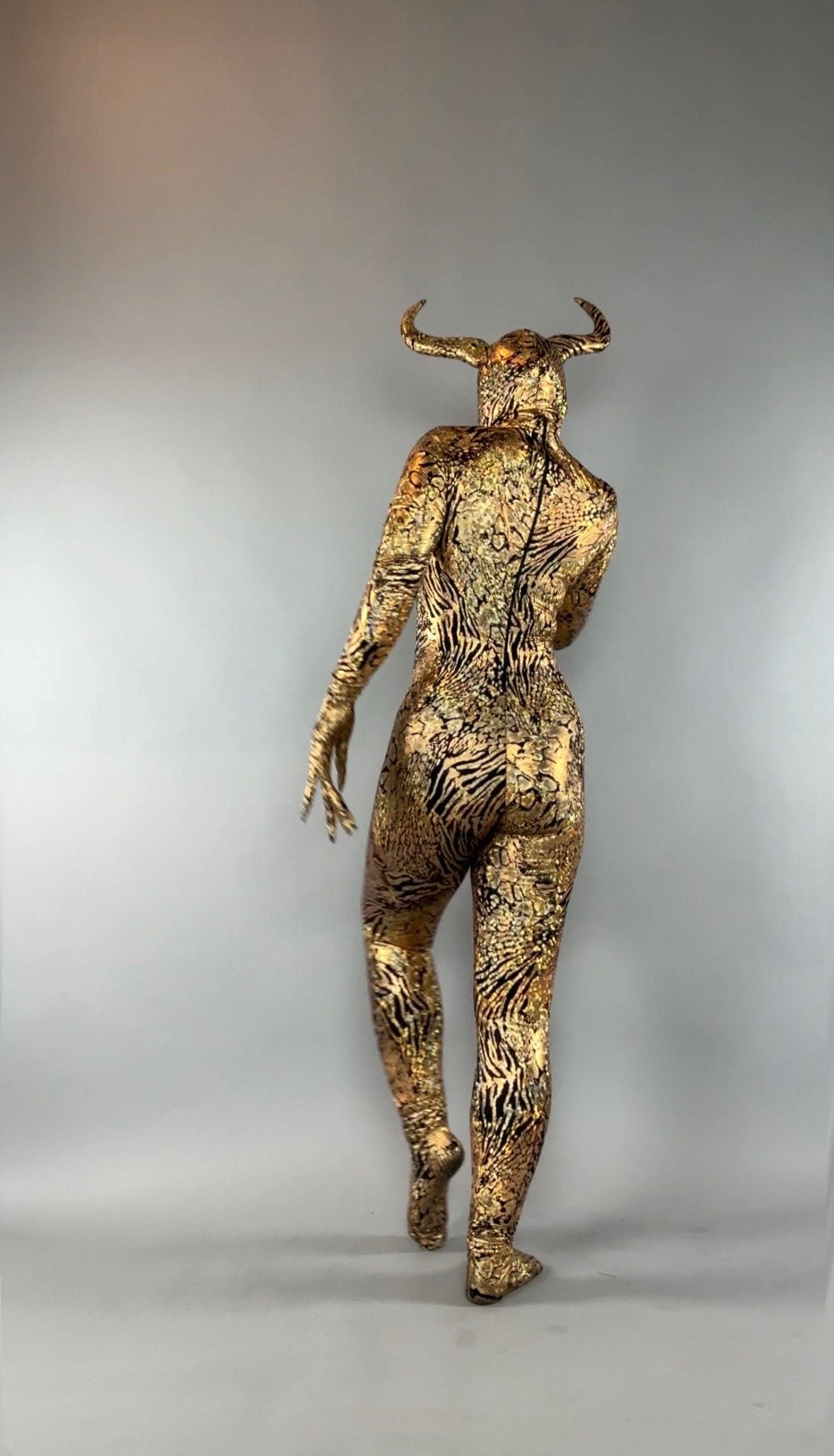 Gold & Black Gazelle Creature Costume, Full Sleeve Catsuit With Headdress, Gloves, Socks