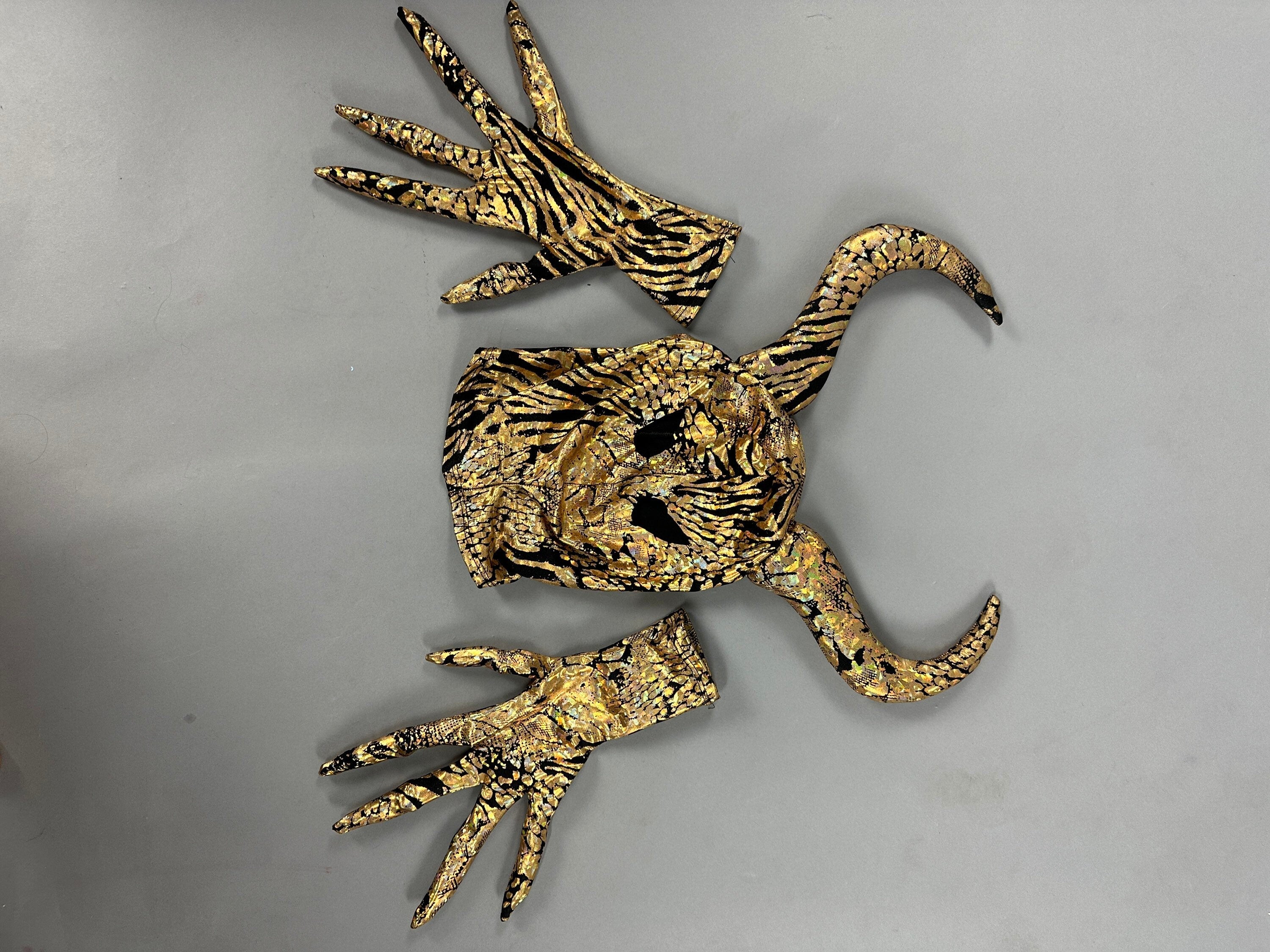 Gold & Black Gazelle Creature Costume, Full Sleeve Catsuit With Headdress, Gloves, Socks