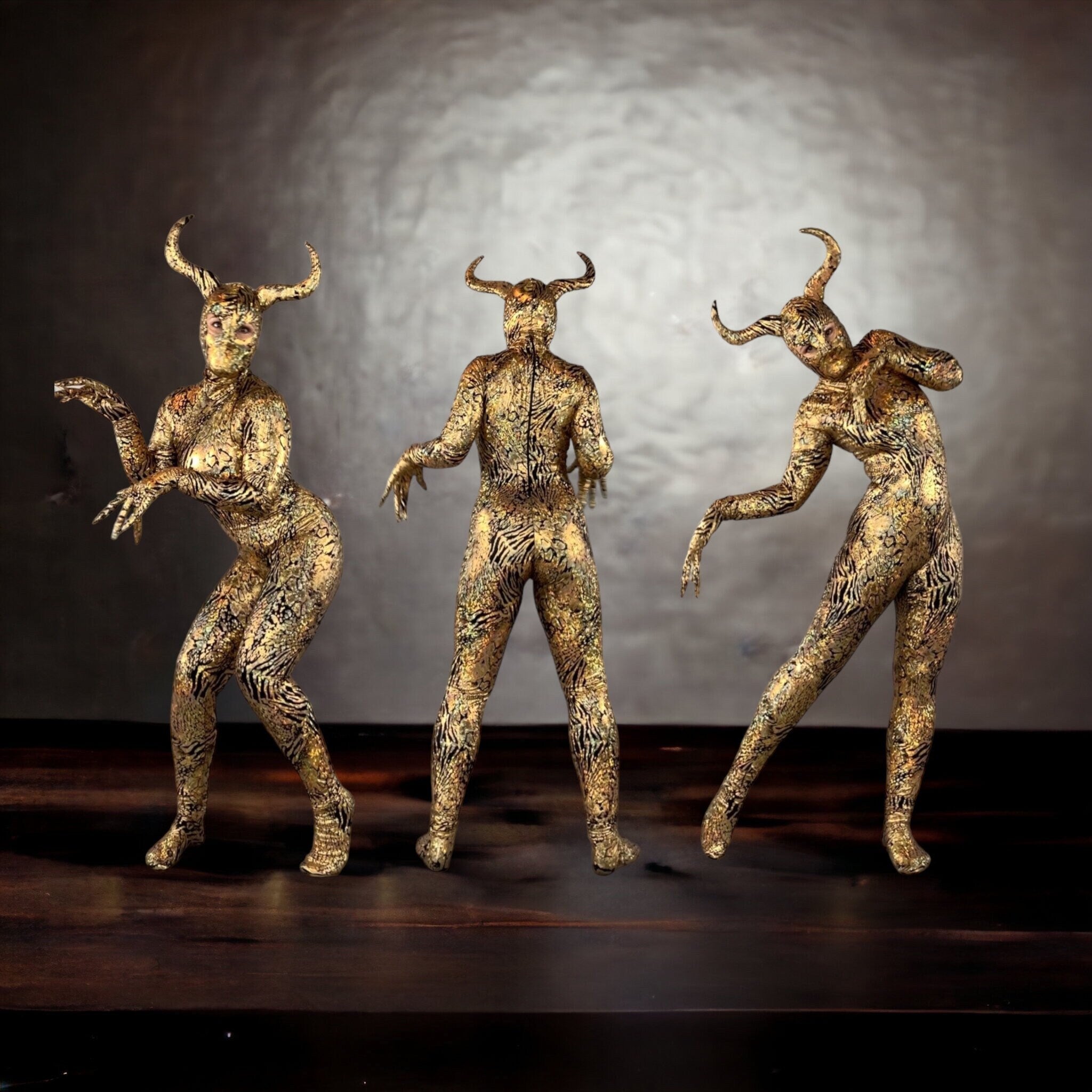Gold & Black Gazelle Creature Costume, Full Sleeve Catsuit With Headdress, Gloves, Socks