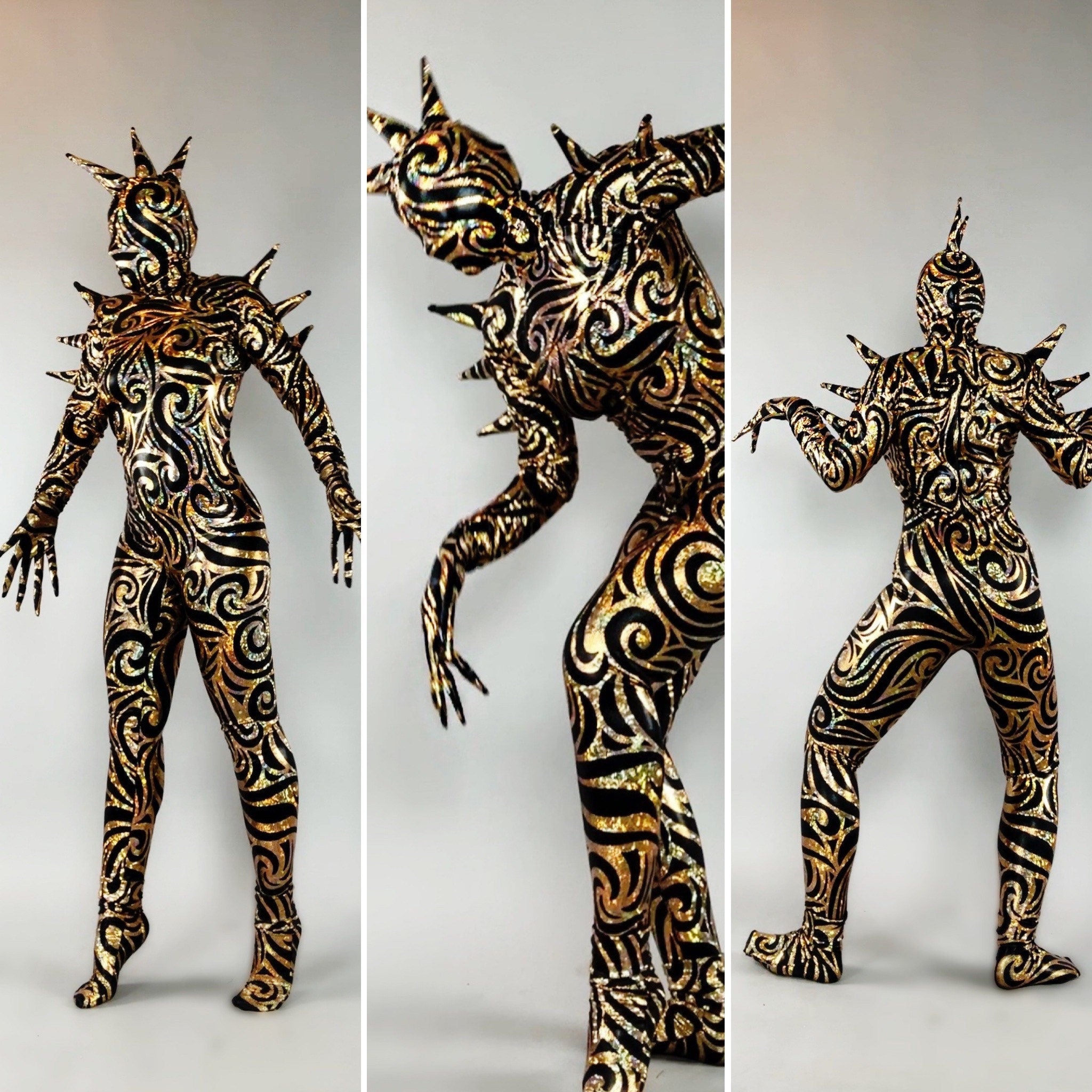 Alien Full Body Costume Set, Turtleneck Catsuit, Spiked Accessories, Open-Eye Headpiece