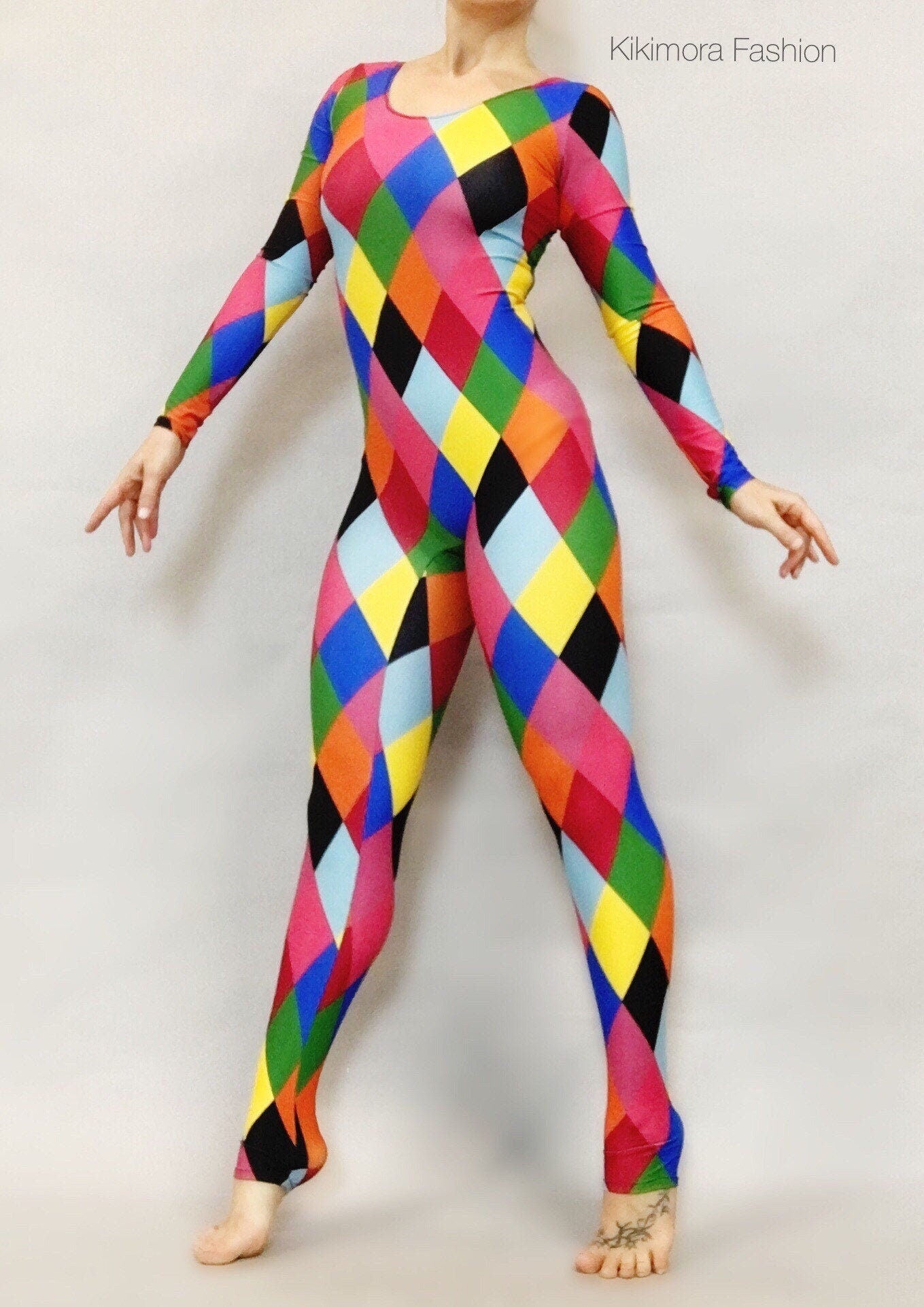 Multicolor Catsuit, Harlequin Costume, Full Sleeves, Scoop Neck