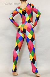 Multicolor Catsuit, Harlequin Costume, Full Sleeves, Scoop Neck