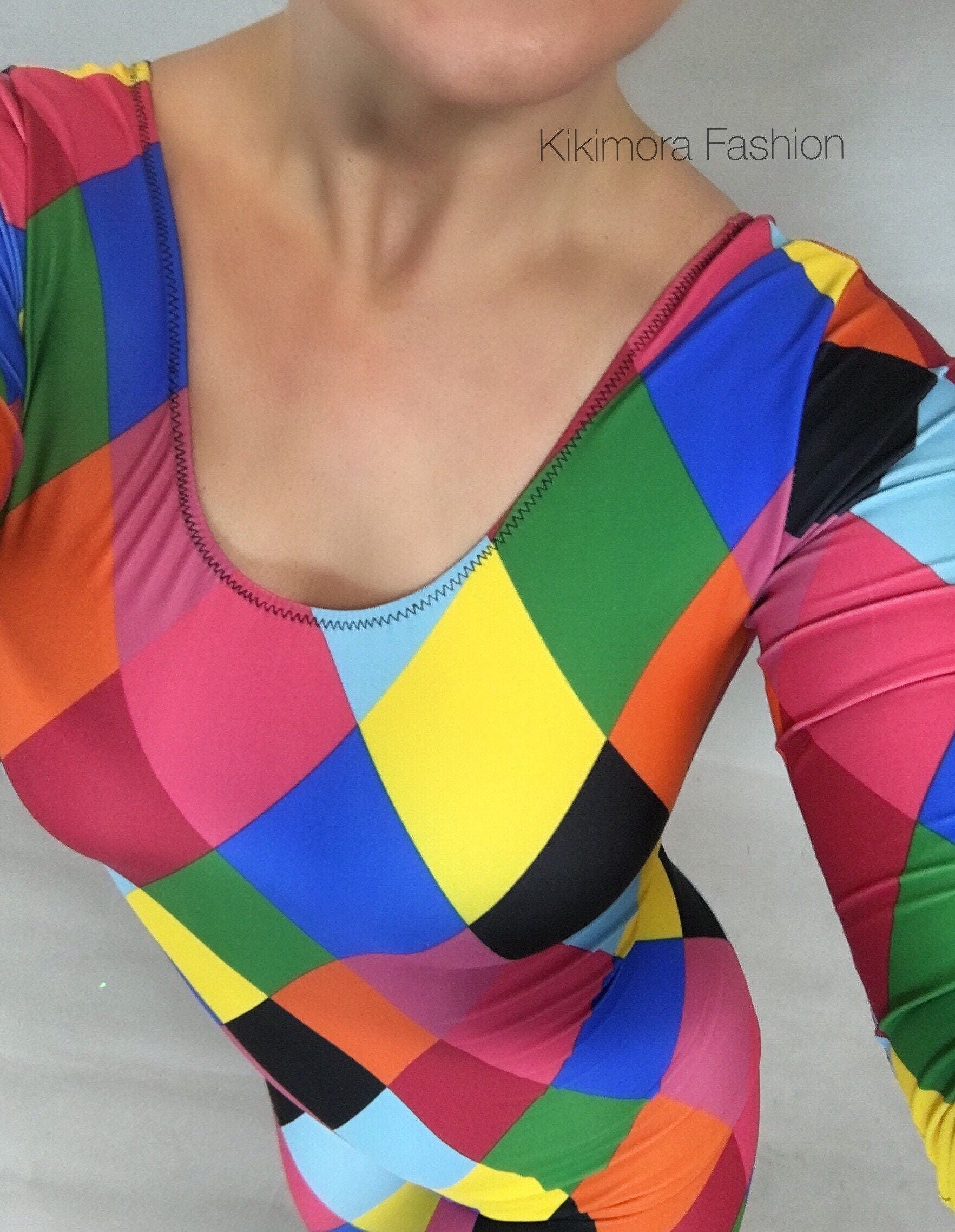 Multicolor Catsuit, Harlequin Costume, Full Sleeves, Scoop Neck
