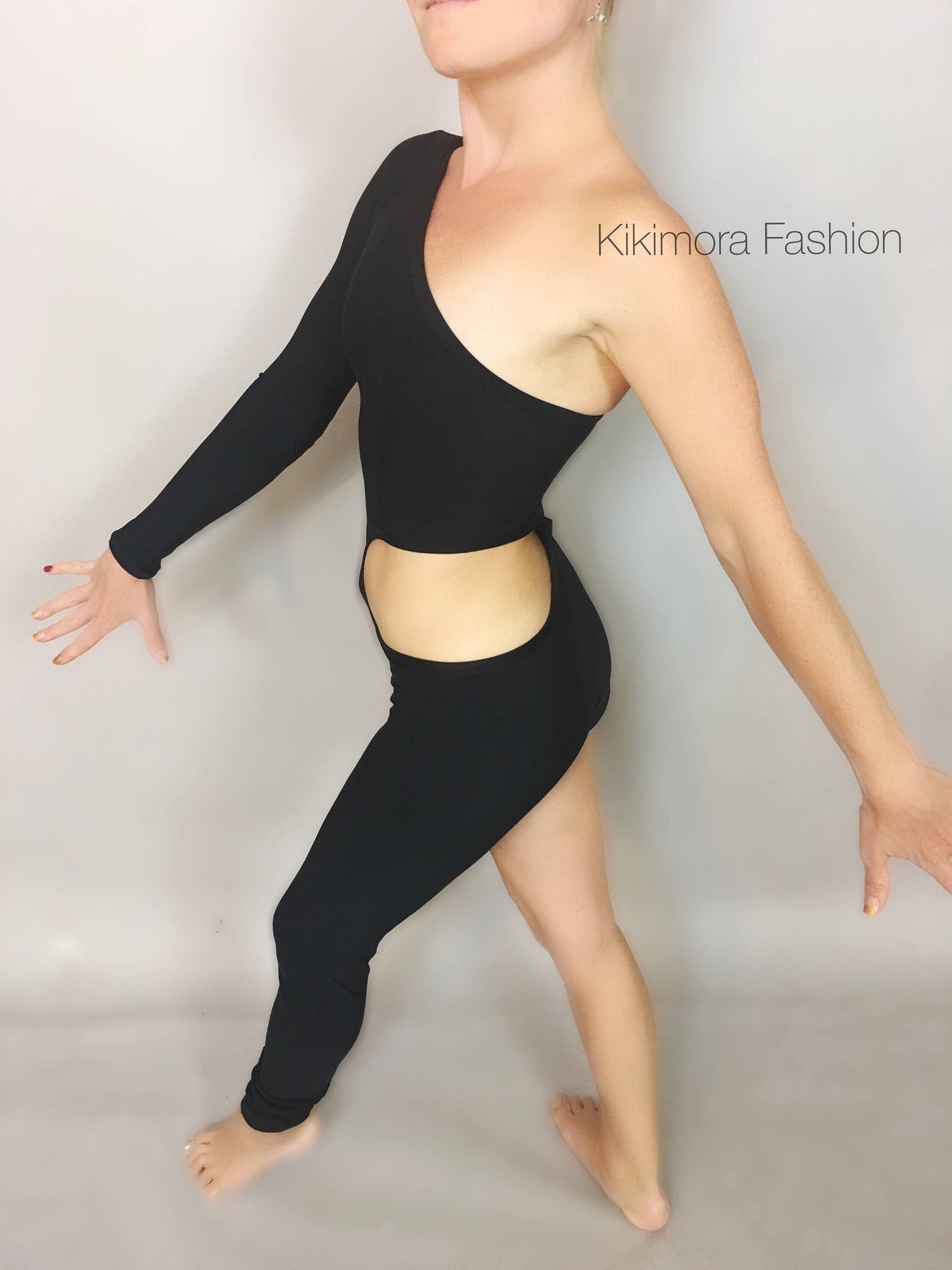 Unisex Isolated Black Catsuit, Asymmetric Design, Cut Outs