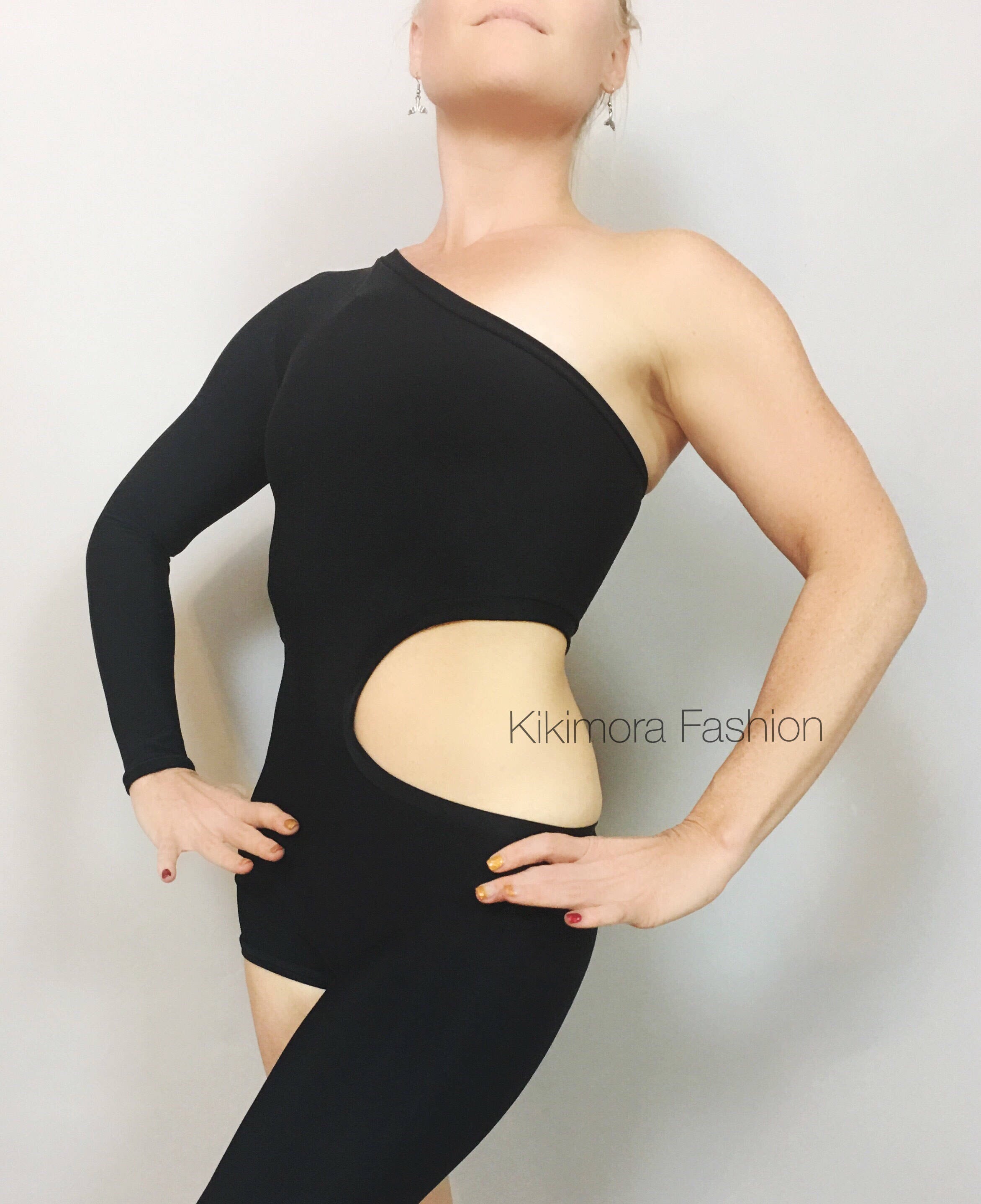 Unisex Isolated Black Catsuit, Asymmetric Design, Cut Outs