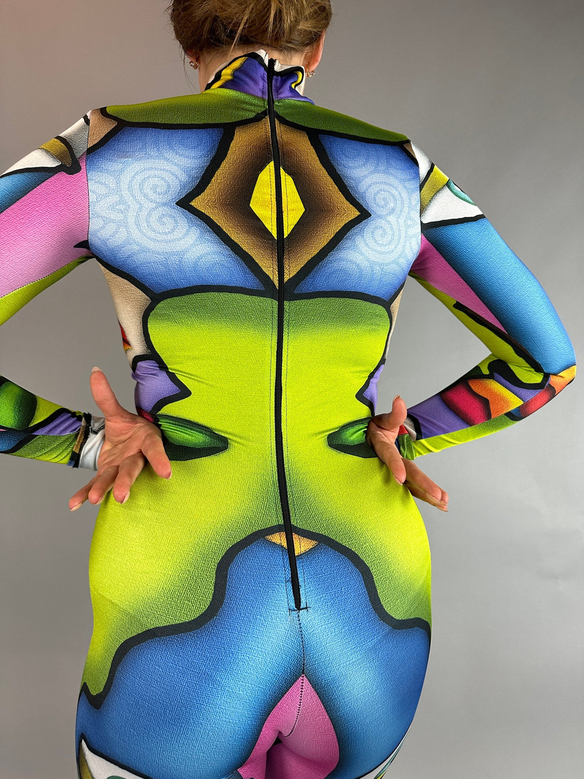Artistic Picasso-Inspired Bodysuit: Unisex Dance Costume for Gymnasts, Aerialists & Rave Enthusiasts