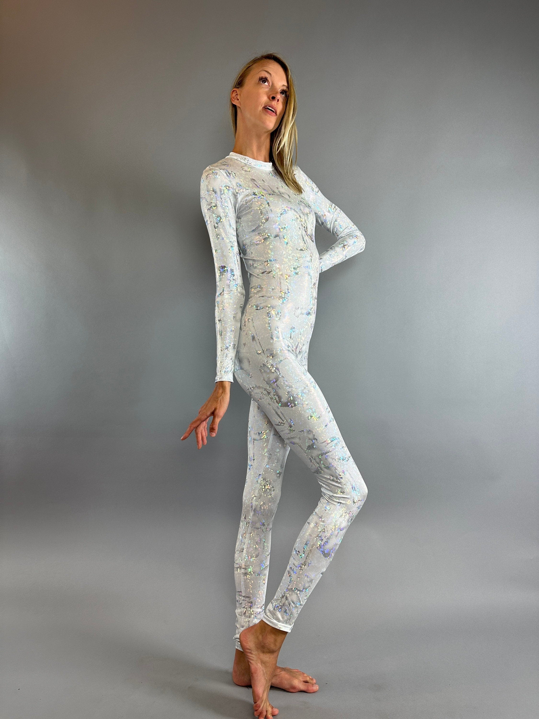 Shiny Silver Catsuit, White Sparkle Jumpsuit, Teardrop Back, Scoop Neck, Full Sleeves
