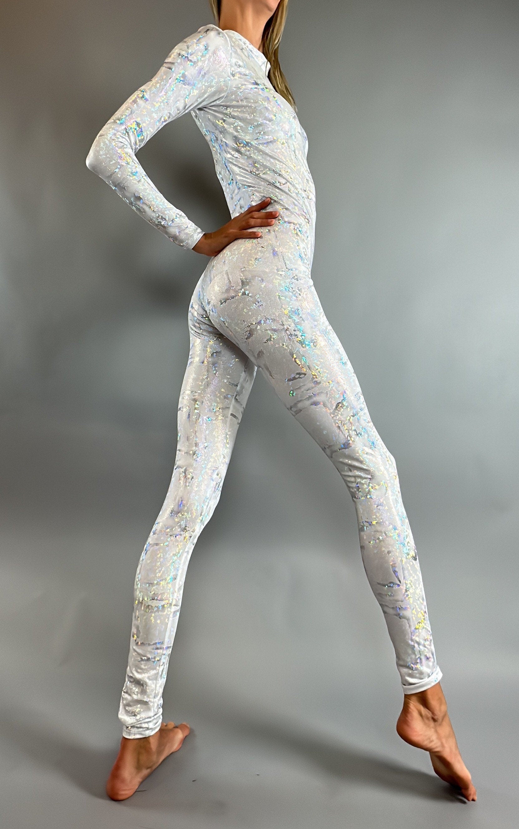 Shiny Silver Catsuit, White Sparkle Jumpsuit, Teardrop Back, Scoop Neck, Full Sleeves