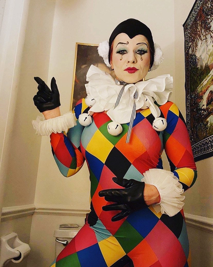 Multicolor Catsuit, Harlequin Costume, Full Sleeves, Scoop Neck