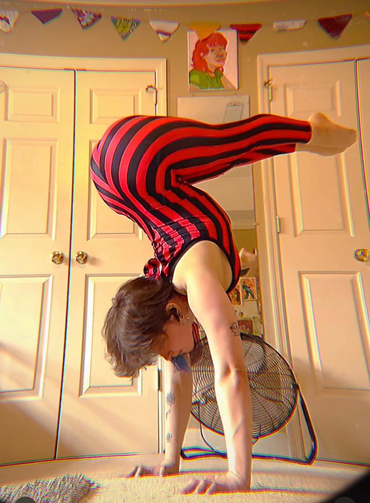 Red and Black Stripes Catsuit, Sleeveless Jumpsuit, Halterneck Full Bodysuit with Hand Accessories