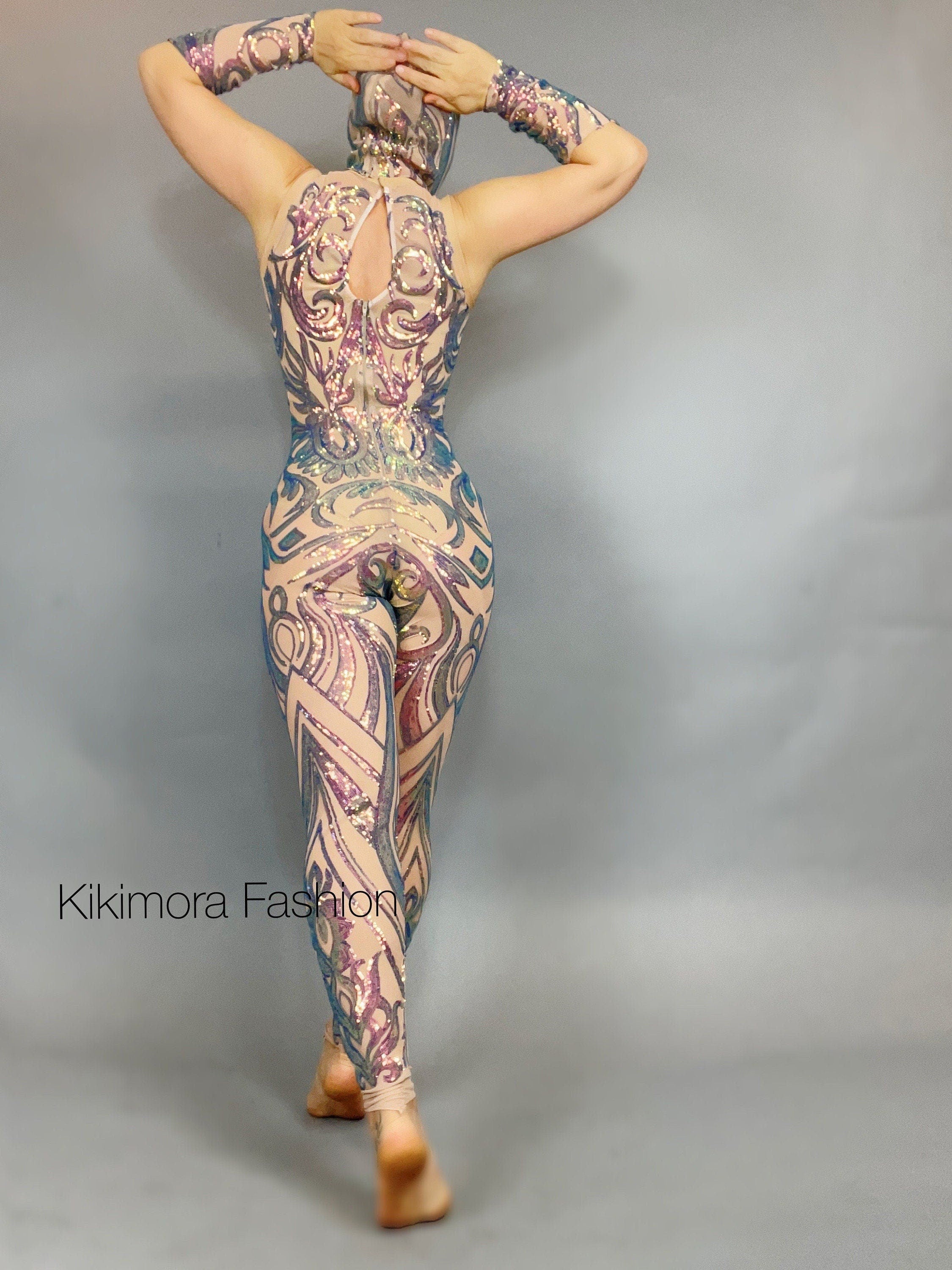 Iridescent Sequin Skintone Catsuit, Halterneck, Sleeveless
