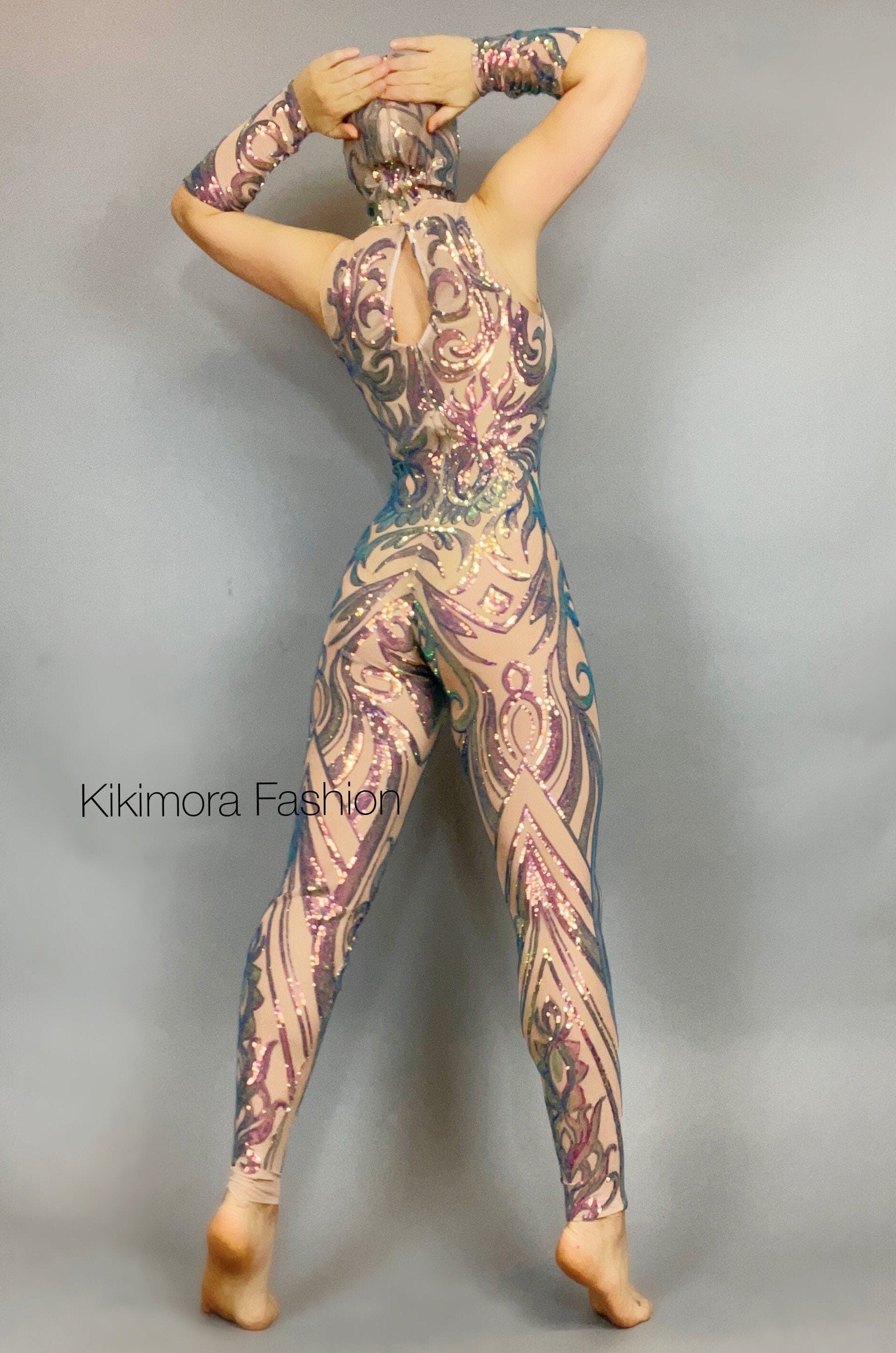 Iridescent Sequin Skintone Catsuit, Halterneck, Sleeveless