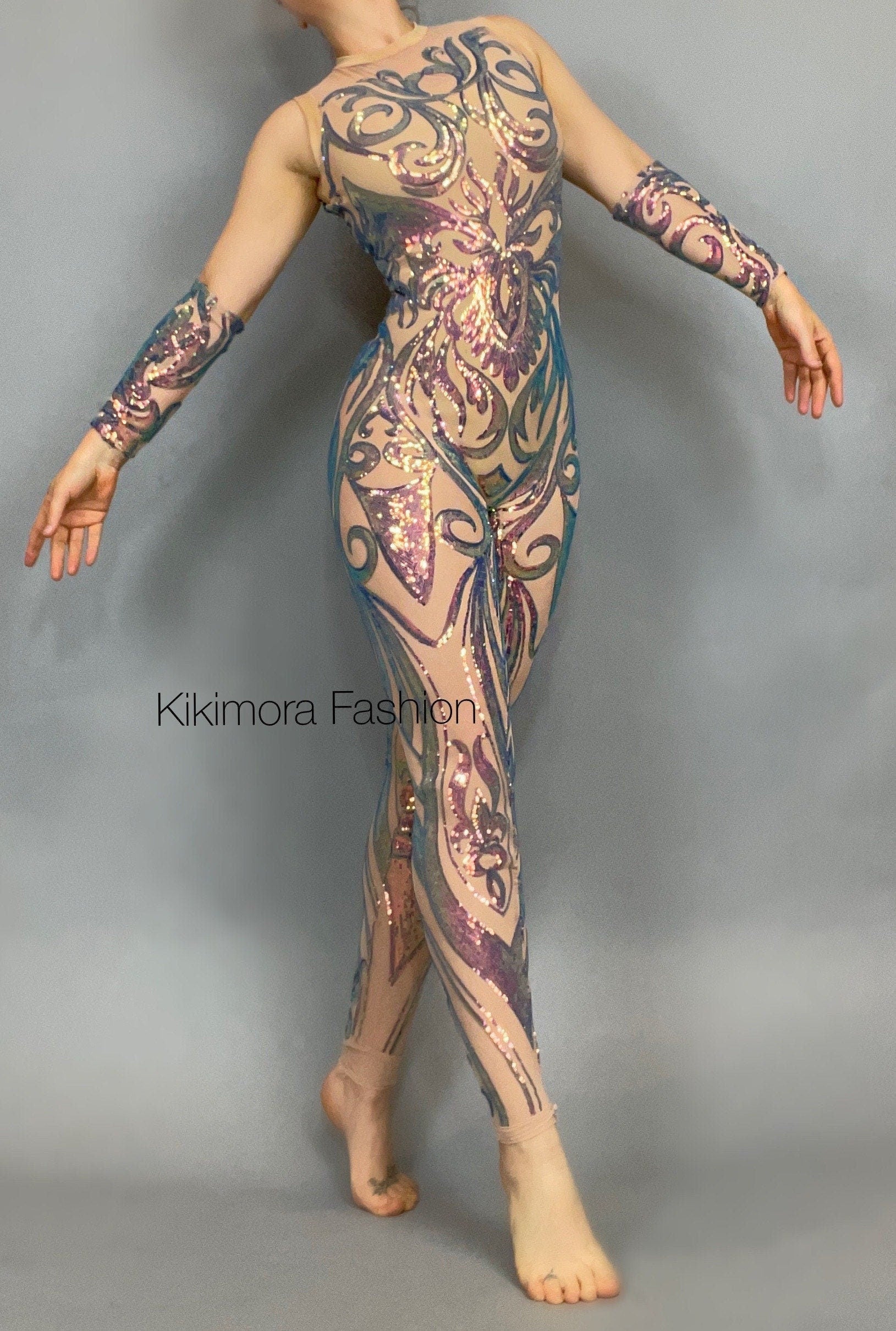 Iridescent Sequin Skintone Catsuit, Halterneck, Sleeveless