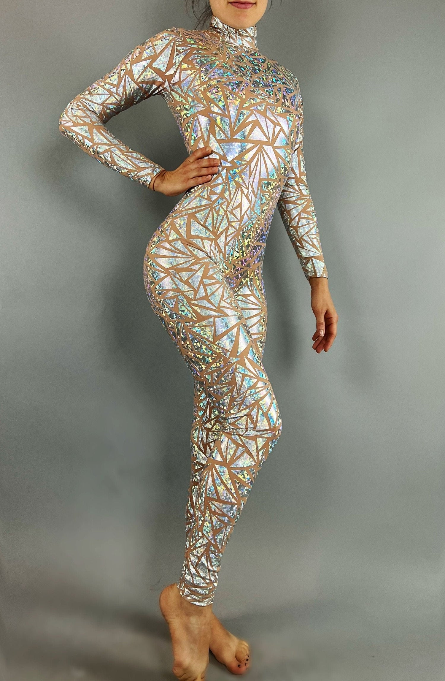 Beautiful Sheer Bodysuit, Exotic dance wear, see-trough catsuit, Trending Now, iridescent Costume. Festivals fadhion