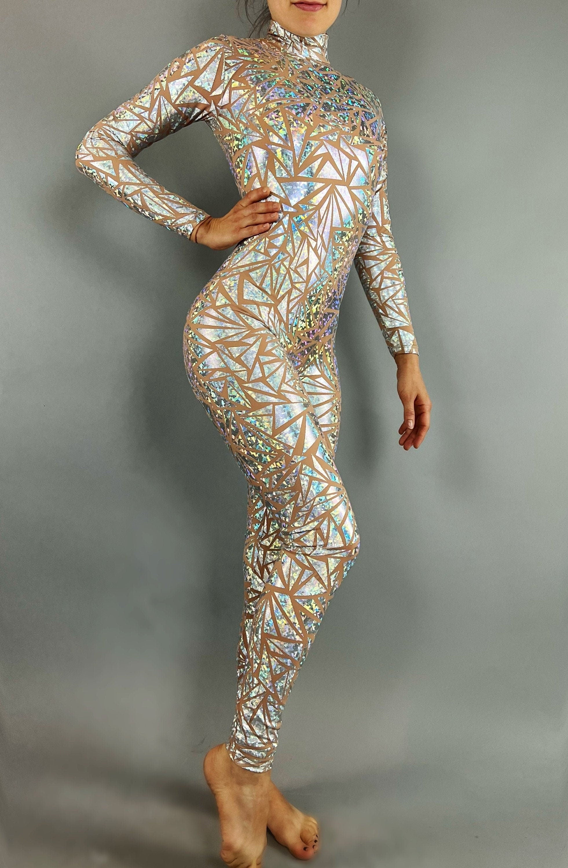 Beautiful Sheer Bodysuit, Exotic dance wear, see-trough catsuit, Trending Now, iridescent Costume. Festivals fadhion