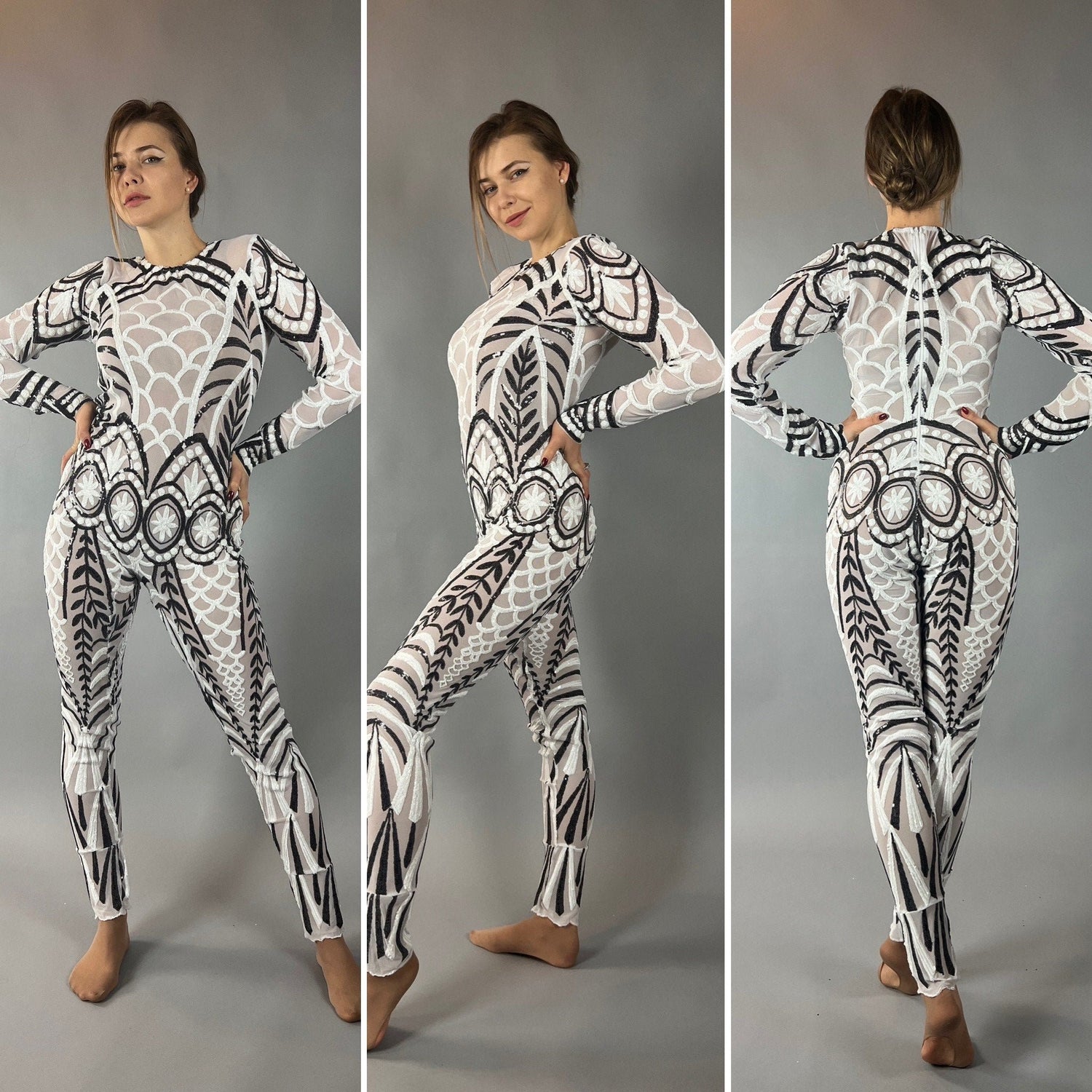 Black and White Sequin Catsuit, Scoop Neck, Full Sleeves