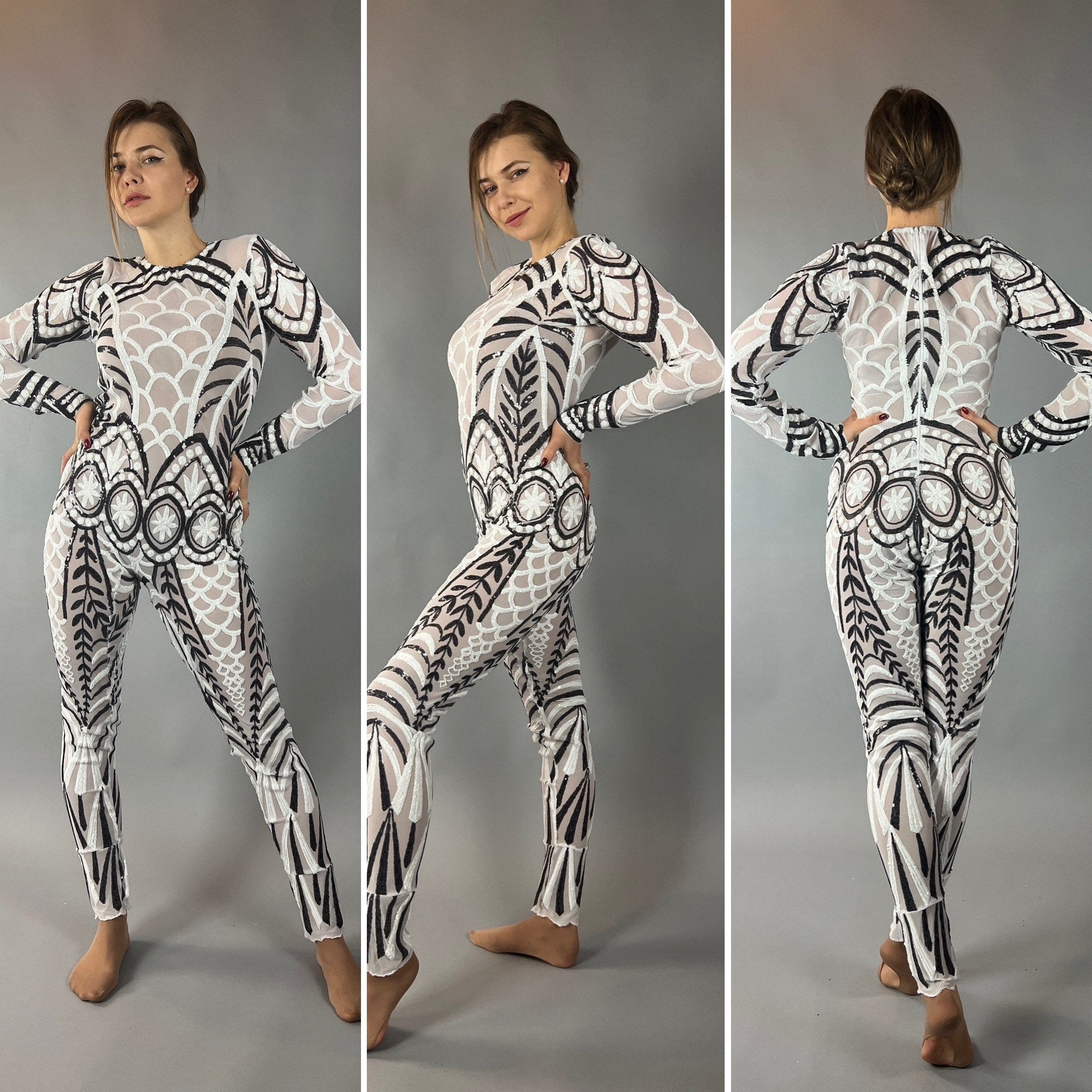 Black and White Sequin Catsuit, Scoop Neck, Full Sleeves