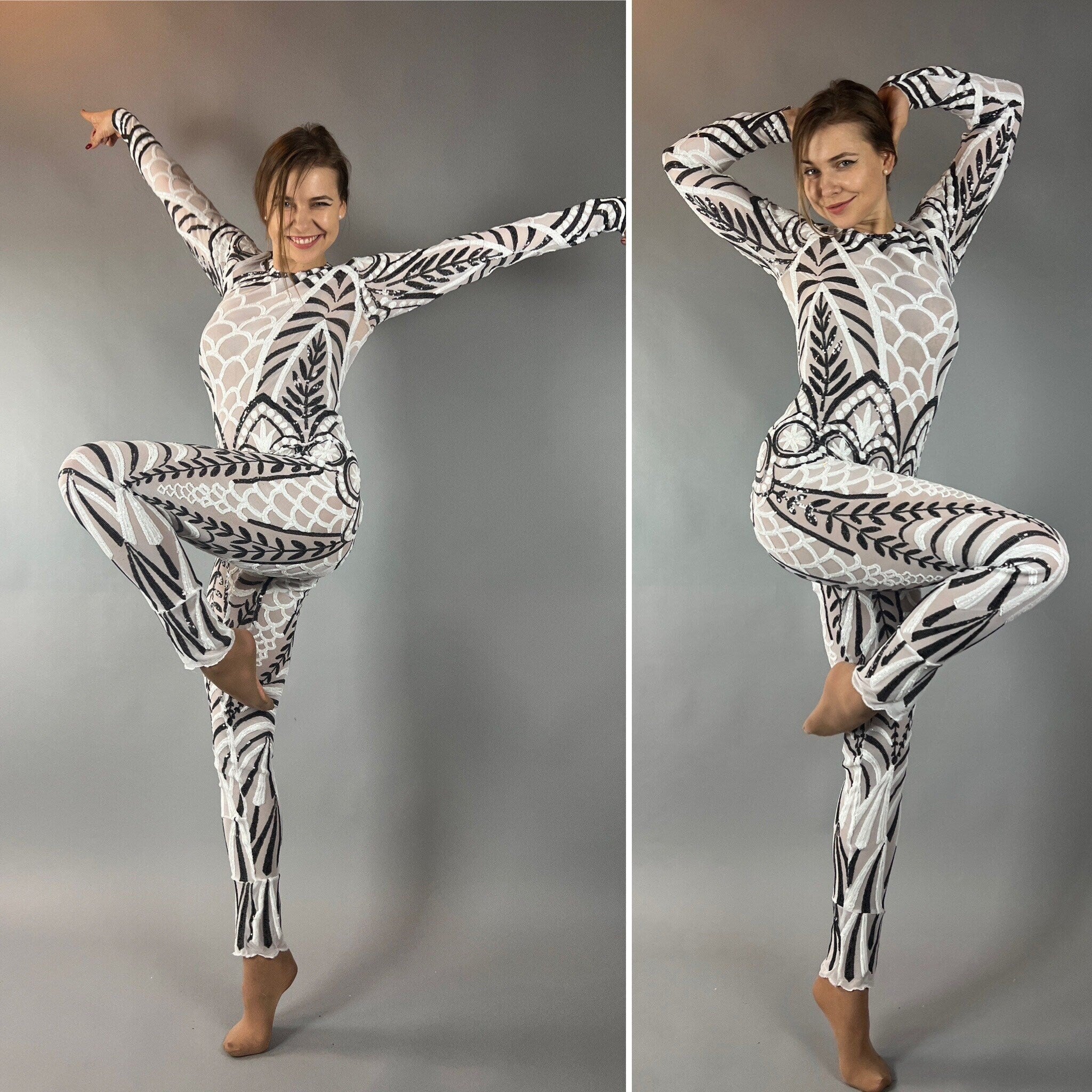 Black and White Sequin Catsuit, Scoop Neck, Full Sleeves