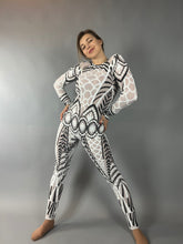 Black and White Sequin Catsuit, Scoop Neck, Full Sleeves