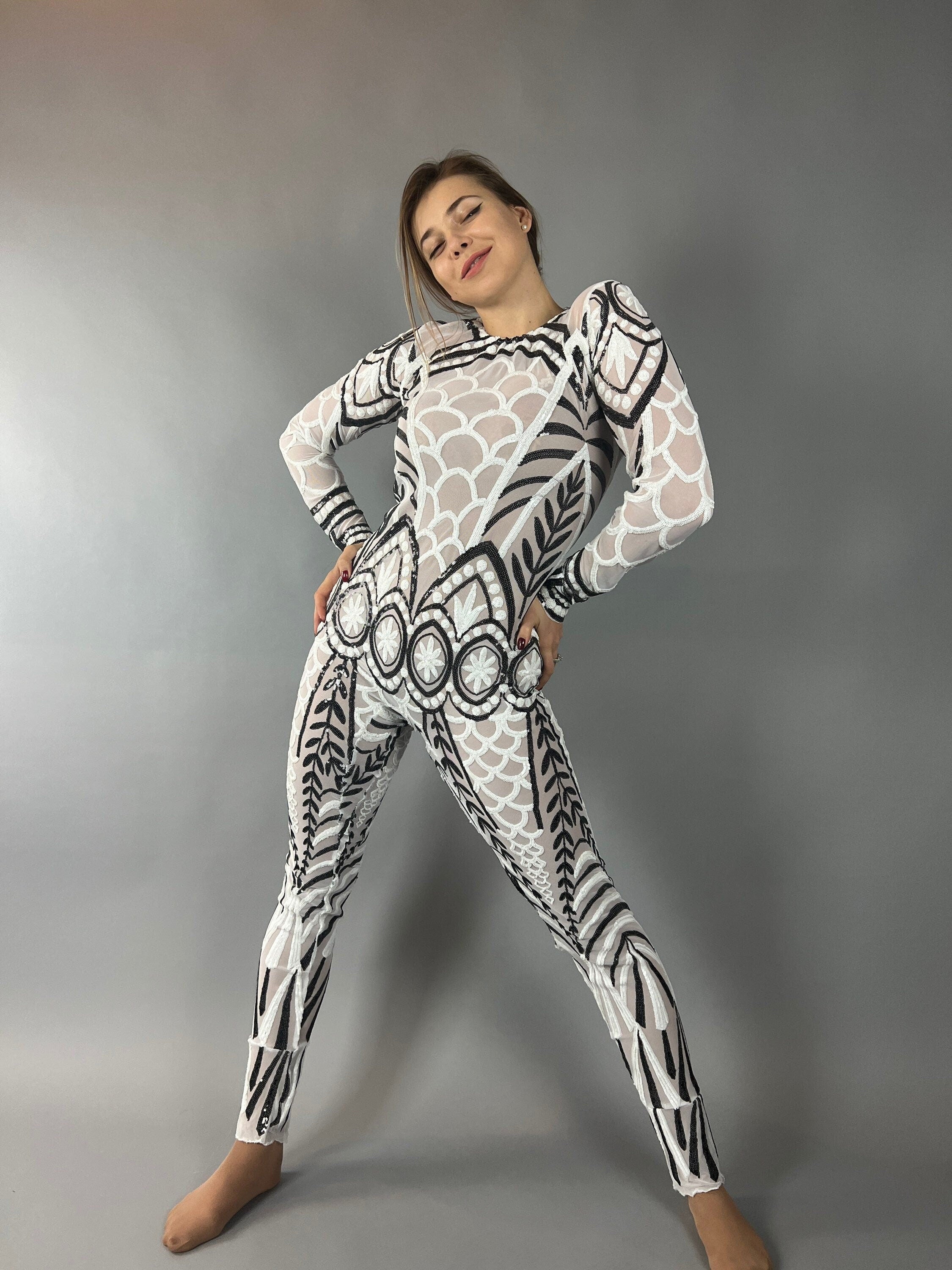 Black and White Sequin Catsuit, Scoop Neck, Full Sleeves