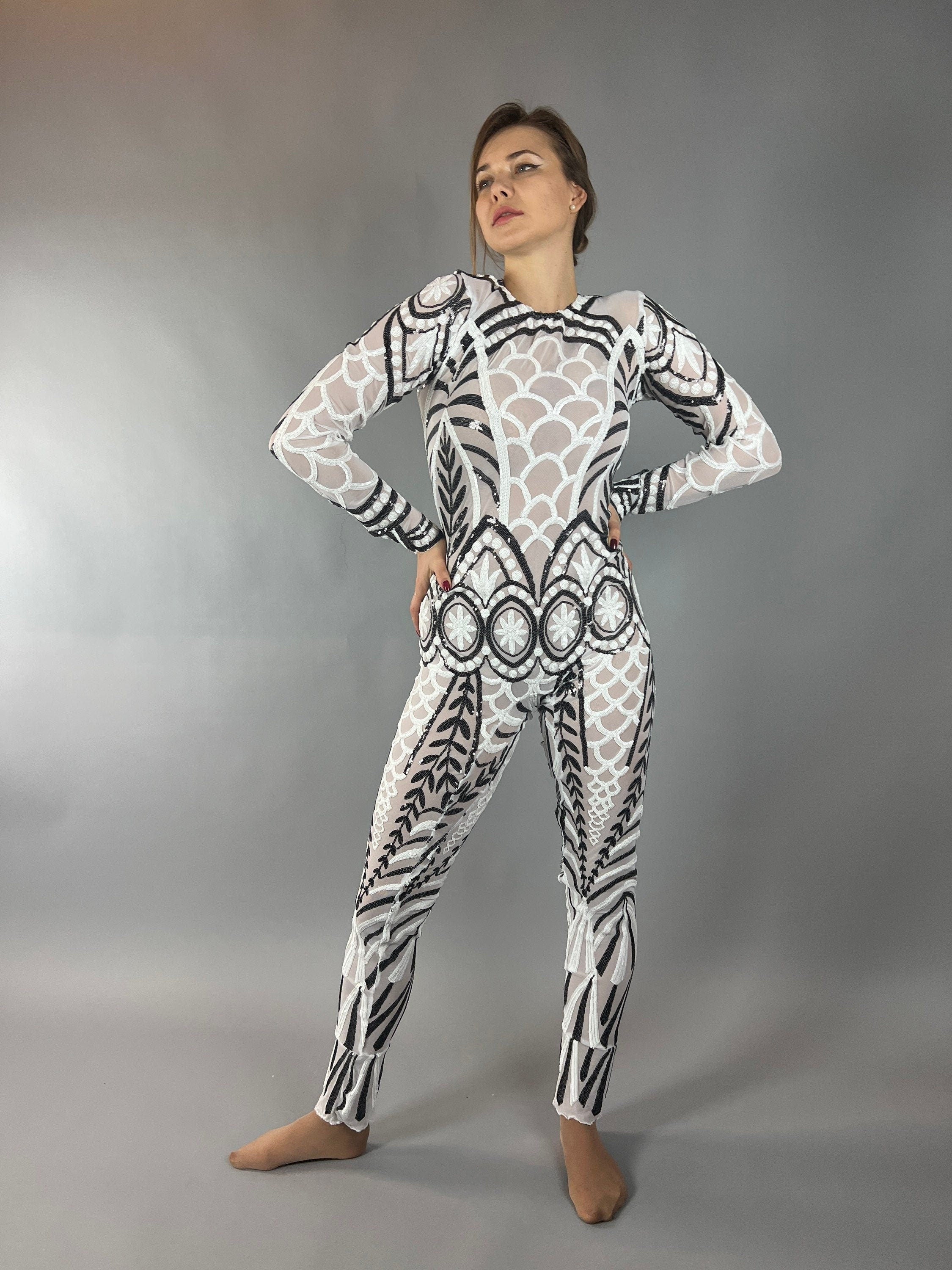 Black and White Sequin Catsuit, Scoop Neck, Full Sleeves