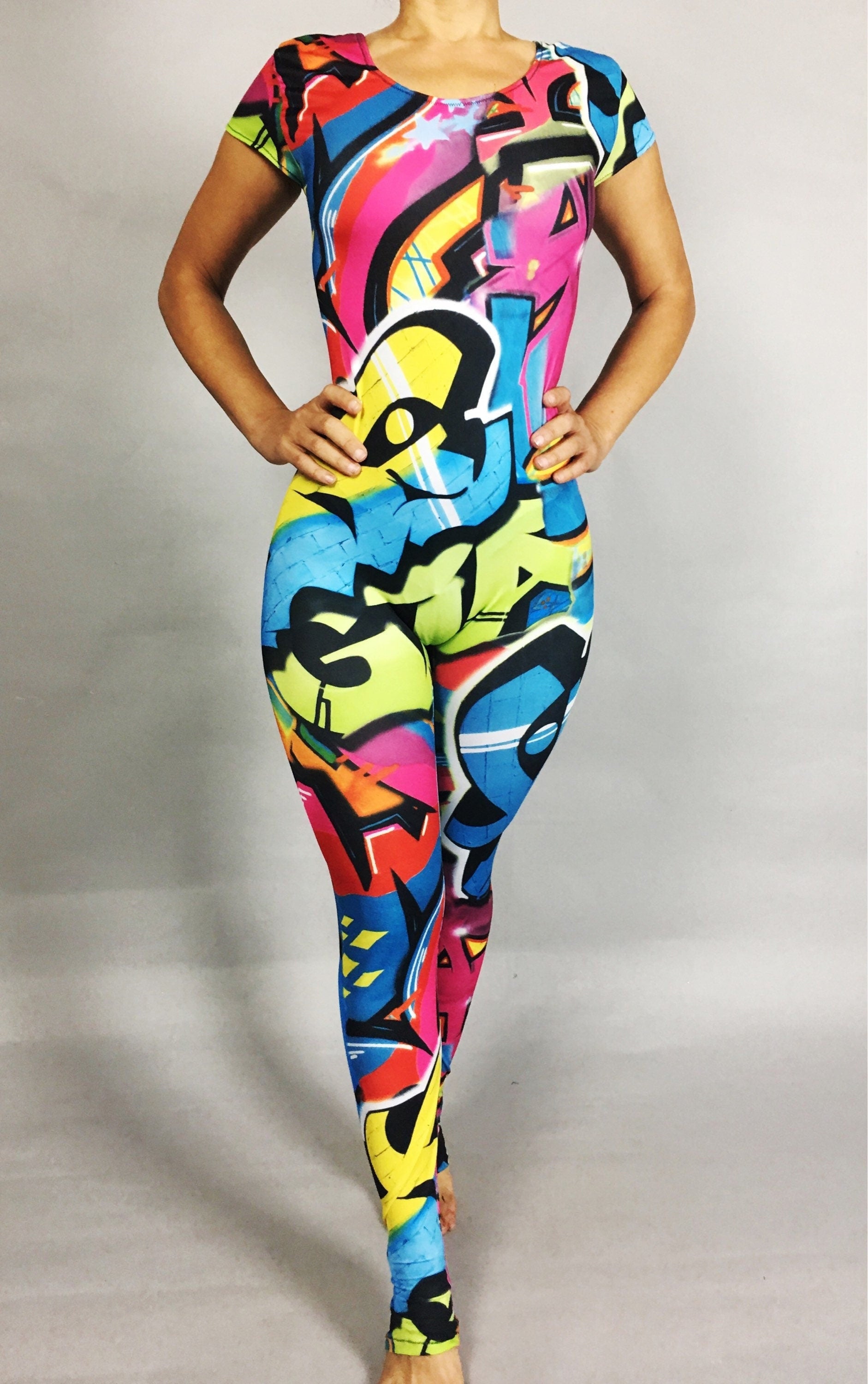 Bodysuit for Women or Men, Street Style Graffiti Print Jumpsuit, Modern Costume for Dancers, Aerialists, Gymnast