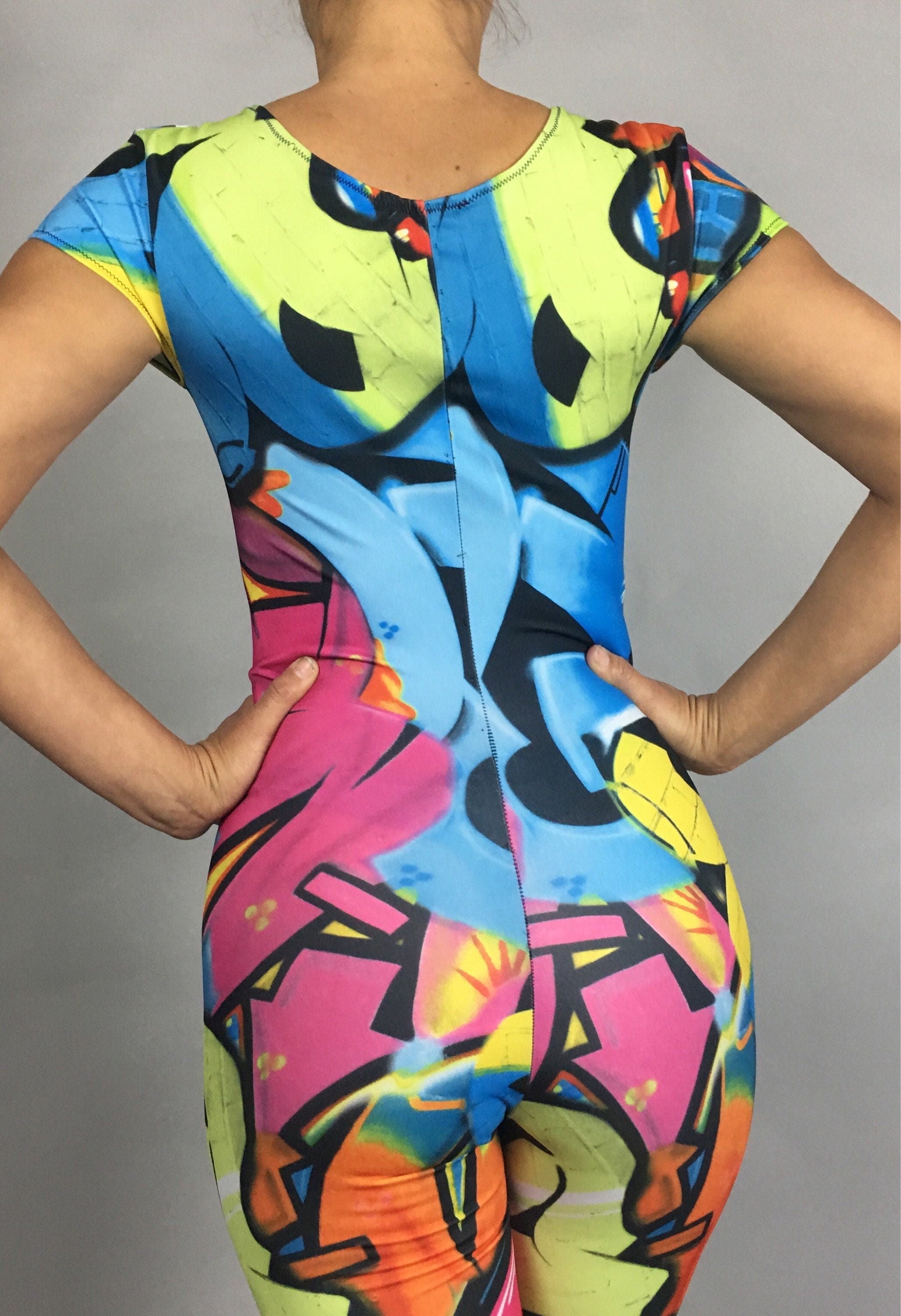 Bodysuit for Women or Men, Street Style Graffiti Print Jumpsuit, Modern Costume for Dancers, Aerialists, Gymnast