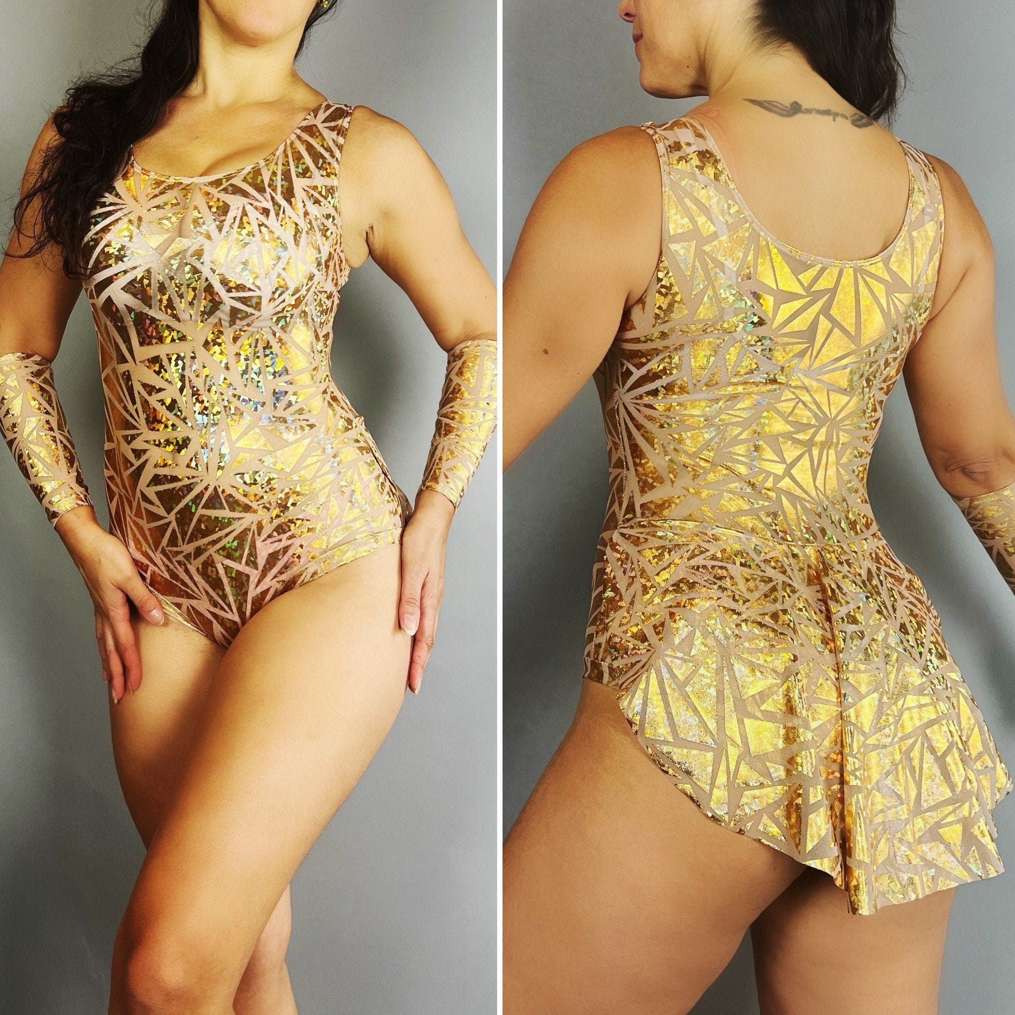 Gold Sparkle Leotard With Skirt, Sleeveless, Hand Accessories