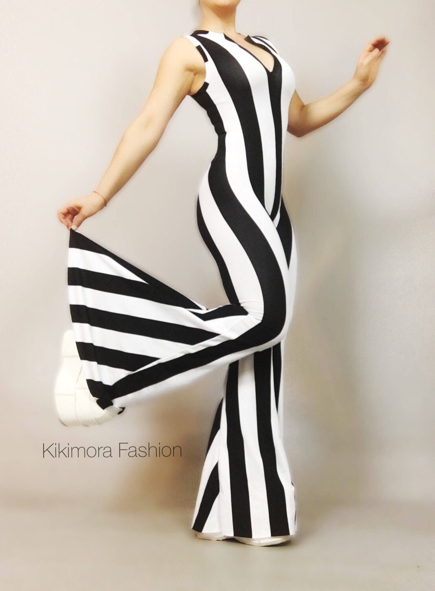Black and White Stripes Bell Bottom Catsuit, Front Zipper, Sleeveless