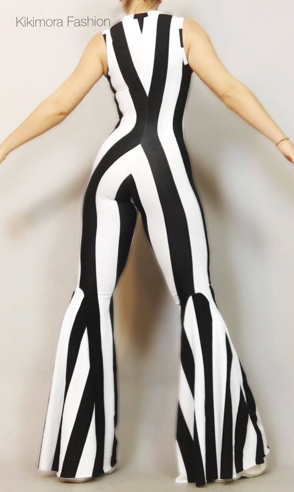 Black and White Stripes Bell Bottom Catsuit, Front Zipper, Sleeveless