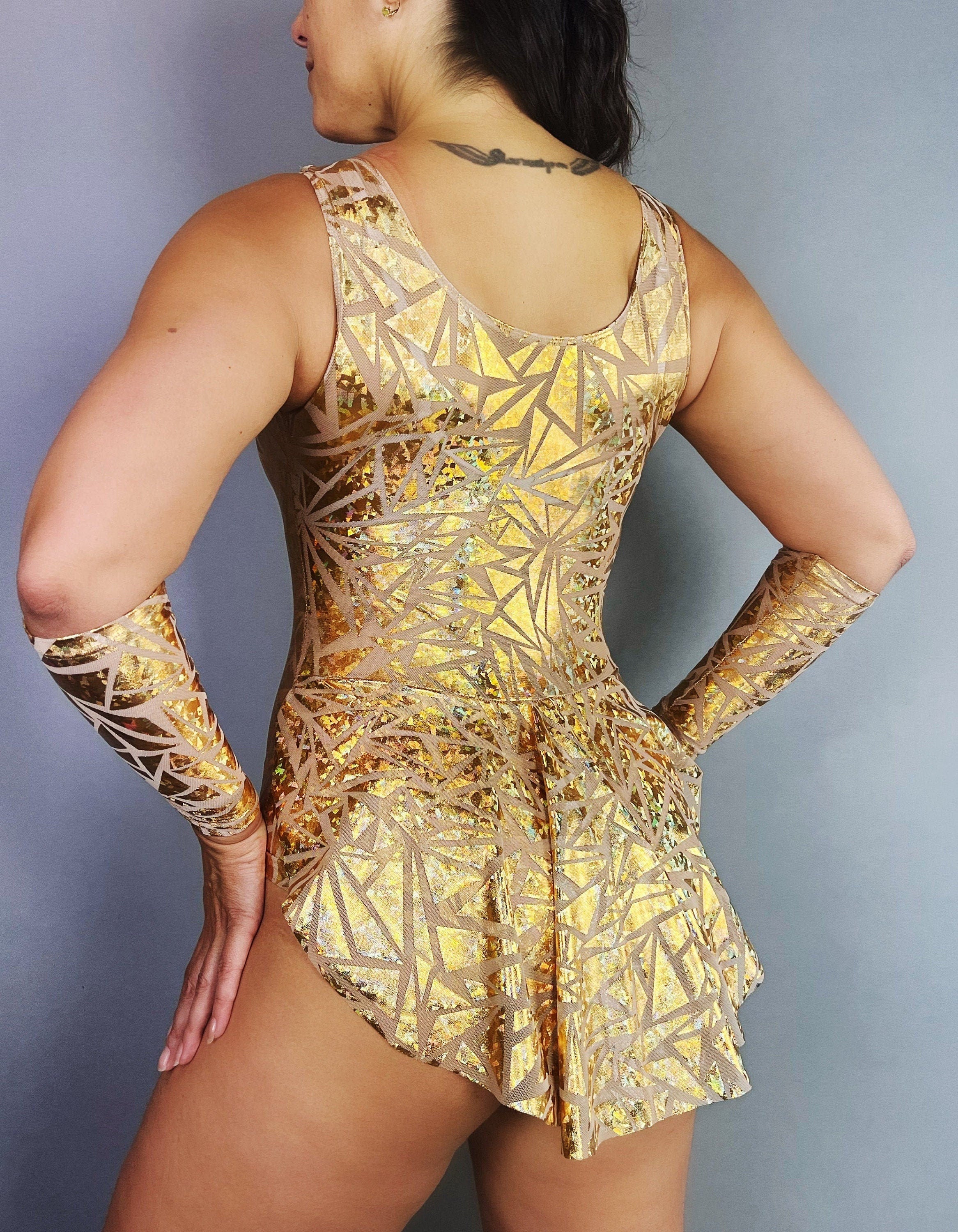 Gold Sparkle Leotard With Skirt, Sleeveless, Hand Accessories