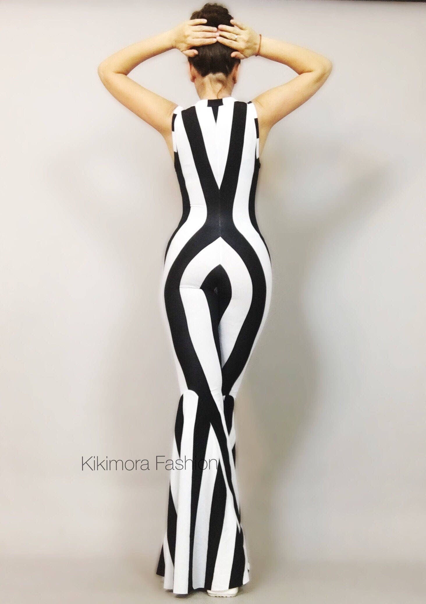 Black and White Stripes Bell Bottom Catsuit, Front Zipper, Sleeveless