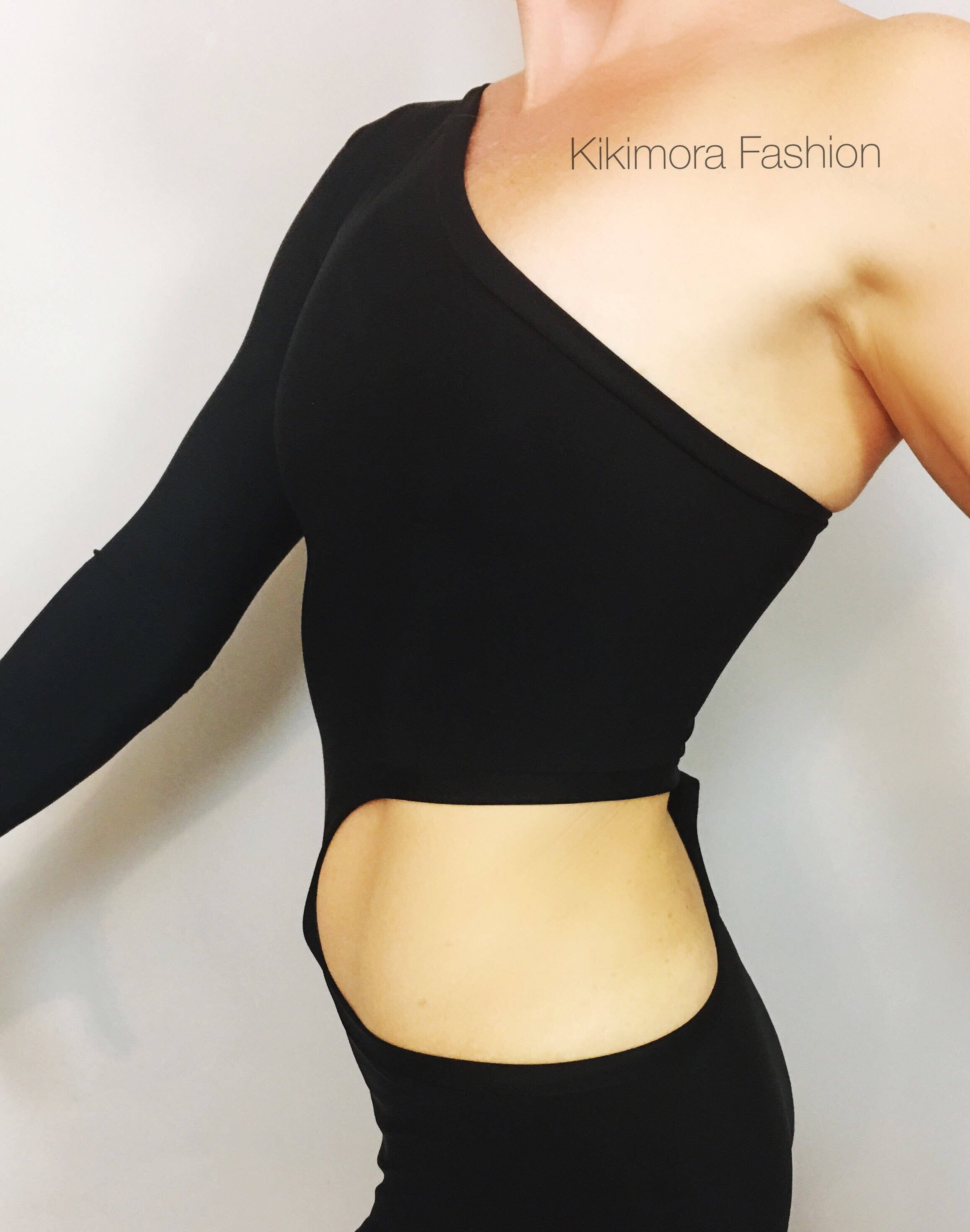 Unisex Isolated Black Catsuit, Asymmetric Design, Cut Outs