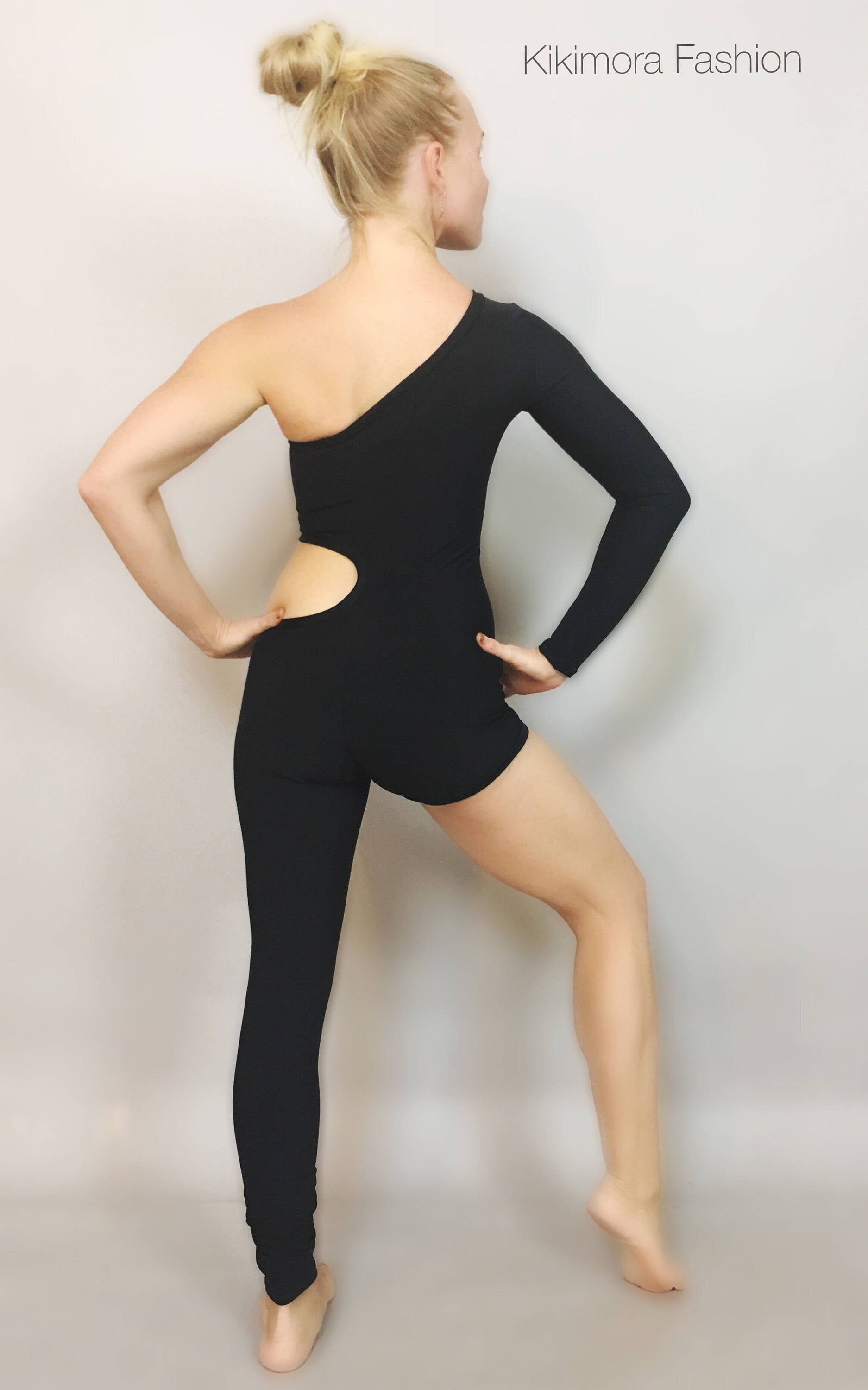 Unisex Isolated Black Catsuit, Asymmetric Design, Cut Outs