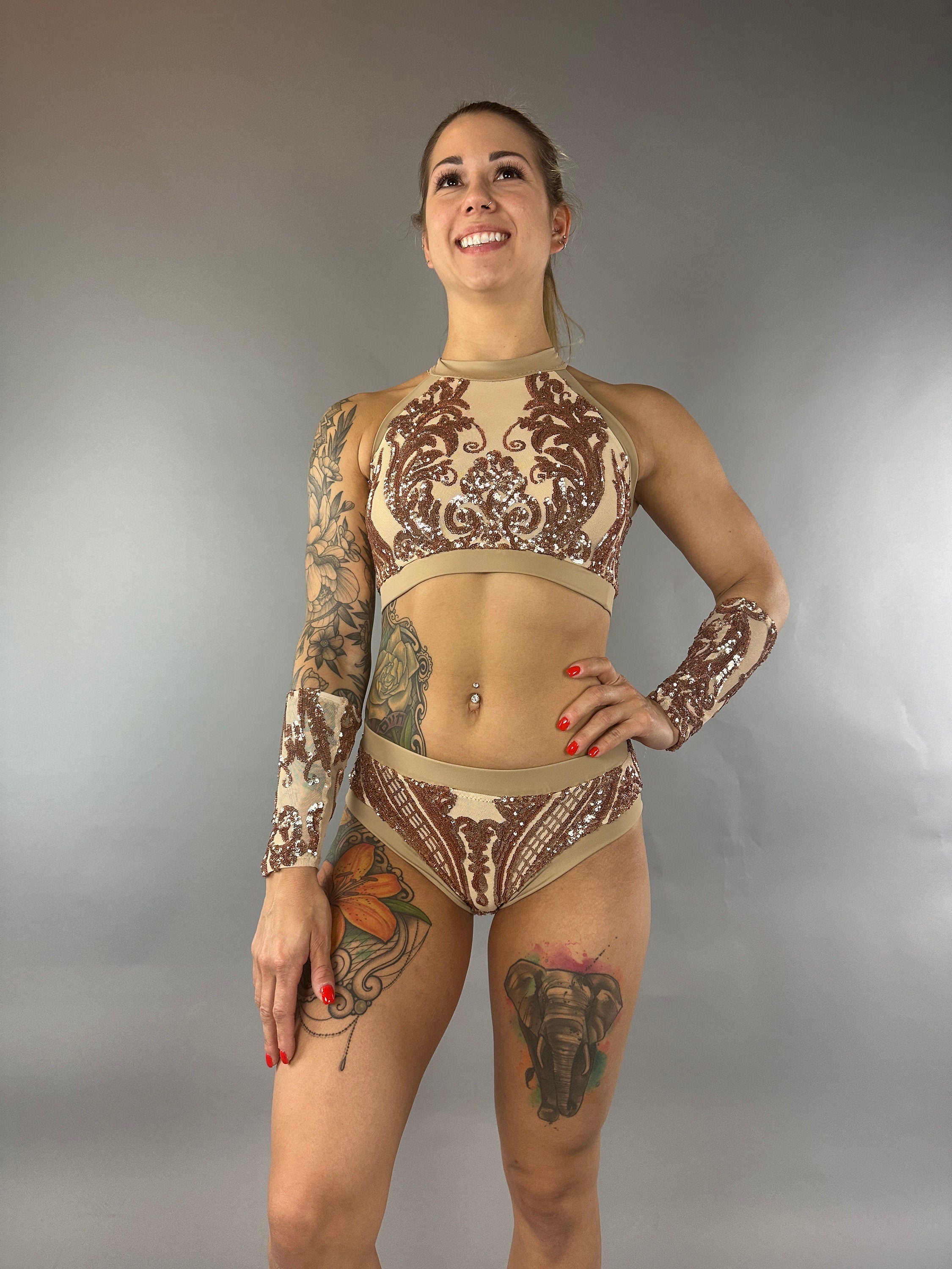 Sequin Crop Top and Bottom Set, Halterneck Crop Top, Shorts, Handcuffs