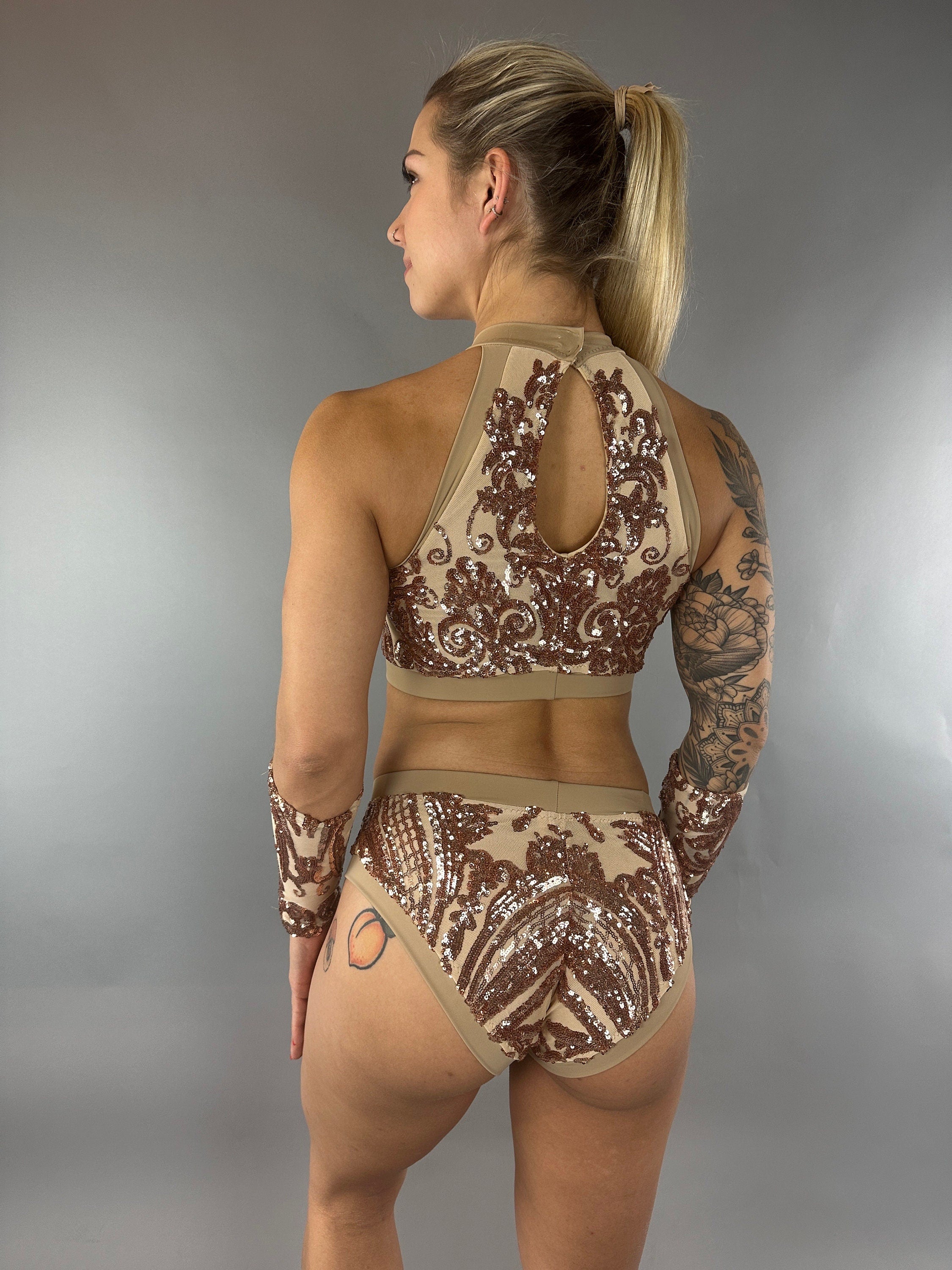 Sequin Crop Top and Bottom Set, Halterneck Crop Top, Shorts, Handcuffs