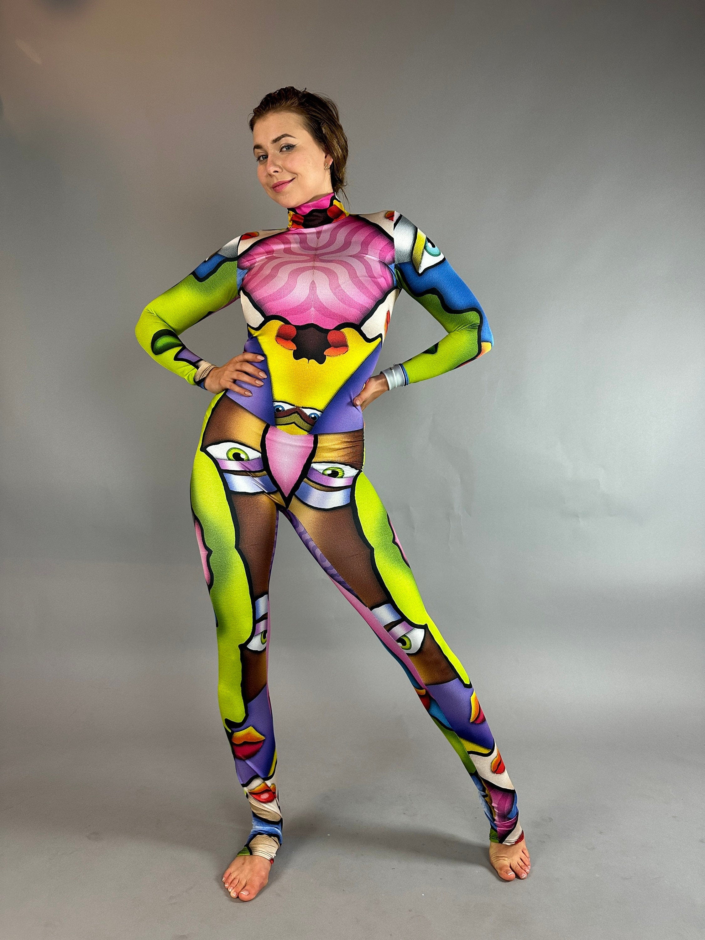 Artistic Picasso-Inspired Bodysuit: Unisex Dance Costume for Gymnasts, Aerialists & Rave Enthusiasts