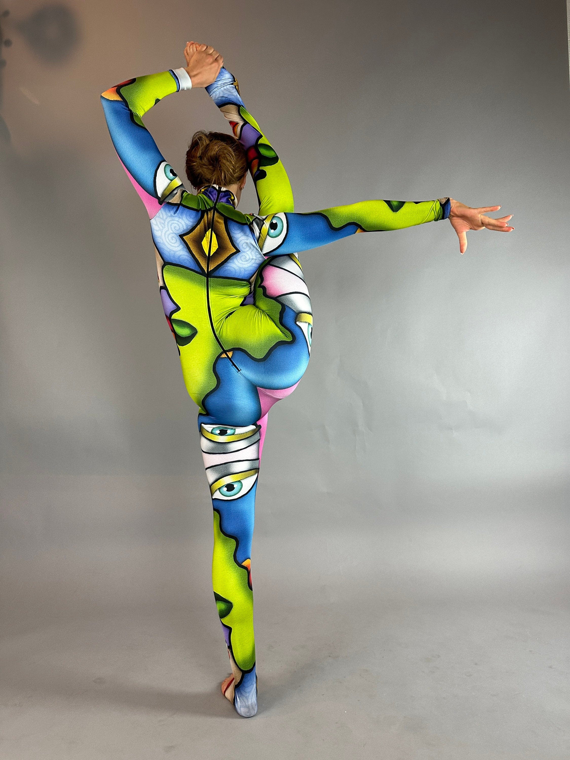 Artistic Picasso-Inspired Bodysuit: Unisex Dance Costume for Gymnasts, Aerialists & Rave Enthusiasts