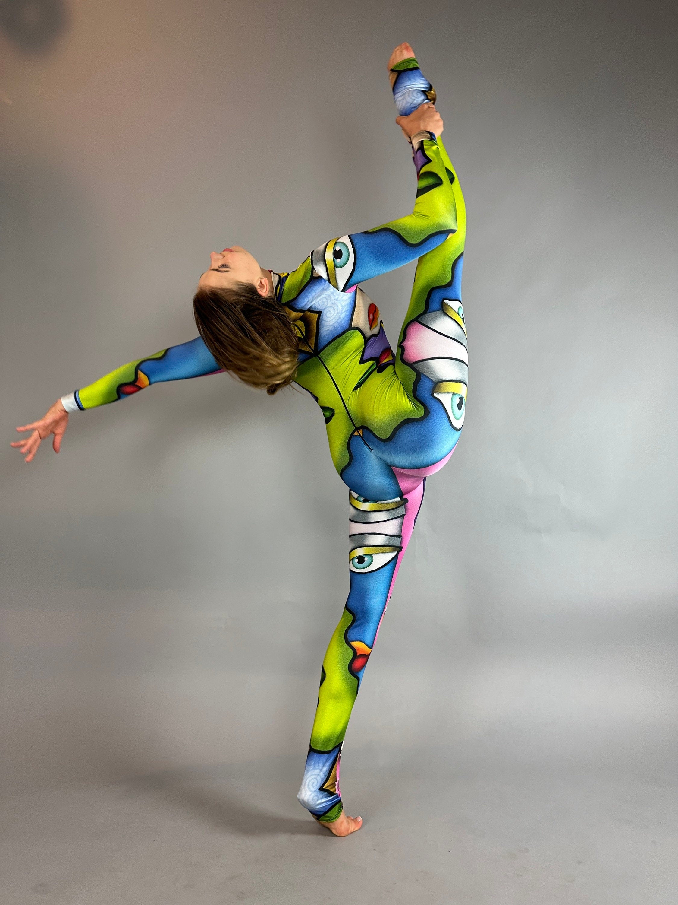 Artistic Picasso-Inspired Bodysuit: Unisex Dance Costume for Gymnasts, Aerialists & Rave Enthusiasts