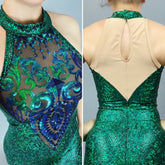 Shiny Green Catsuit, Mesh Jumpsuit, Backless, Halterneck, Sleeveless