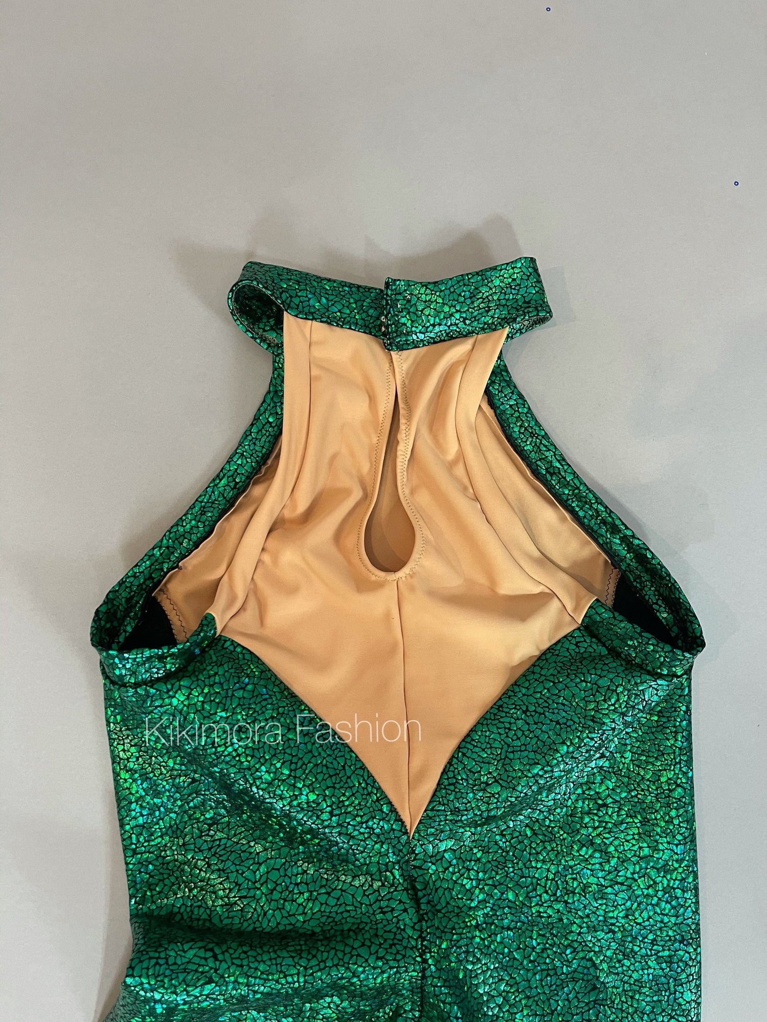 Shiny Green Catsuit, Mesh Jumpsuit, Backless, Halterneck, Sleeveless