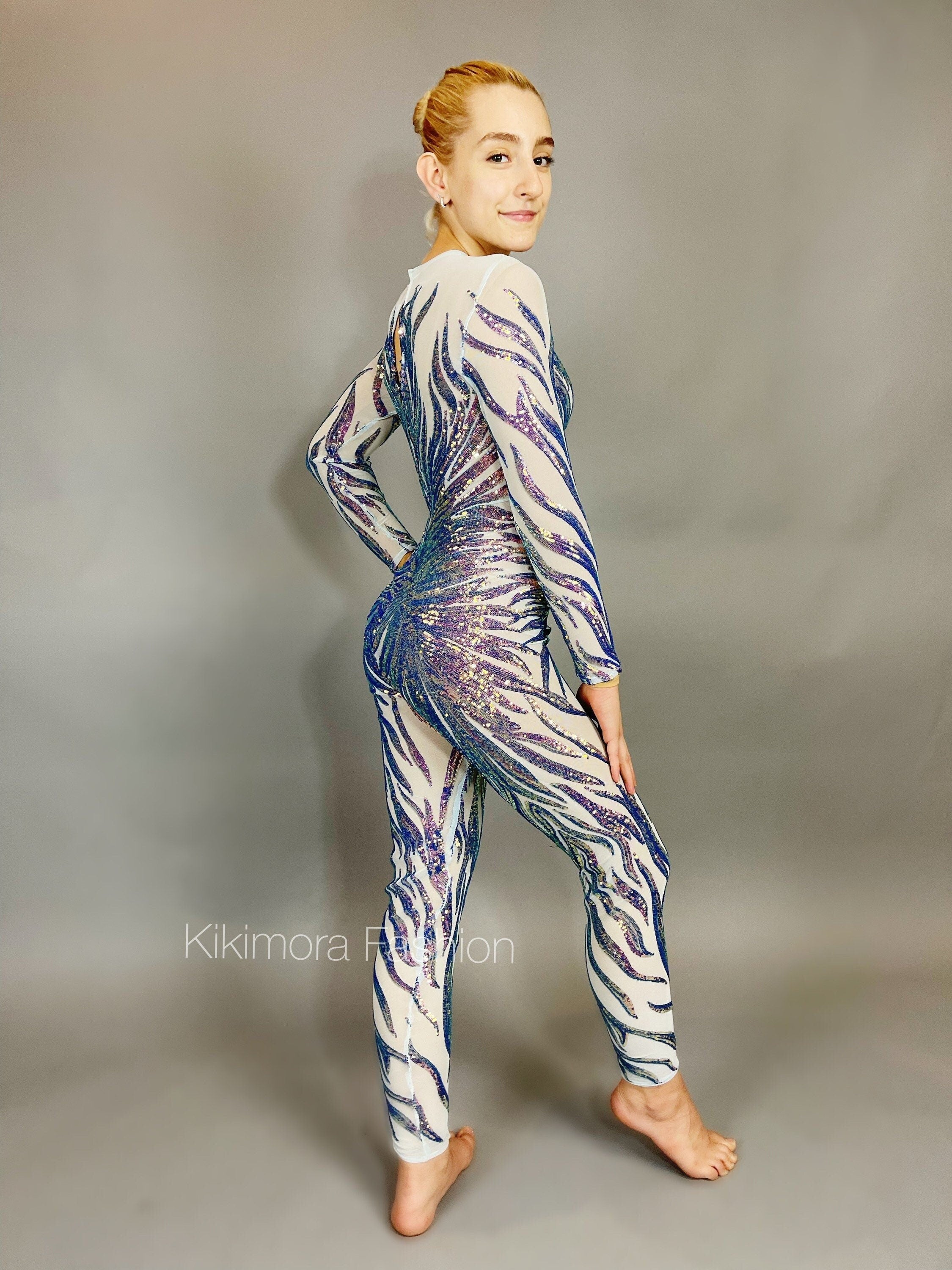 Black and Red Floral Sequins Catsuit, Tear Drop Back Opening, Full Sleeves Jumpsuit