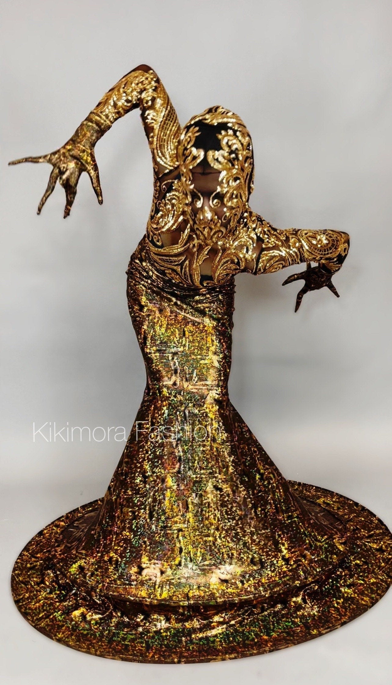Sequins Catsuit, Headpiece, Gloves, Skirt, Futuristic Clothing, Exotic Dancewear, Circus Party Outfit