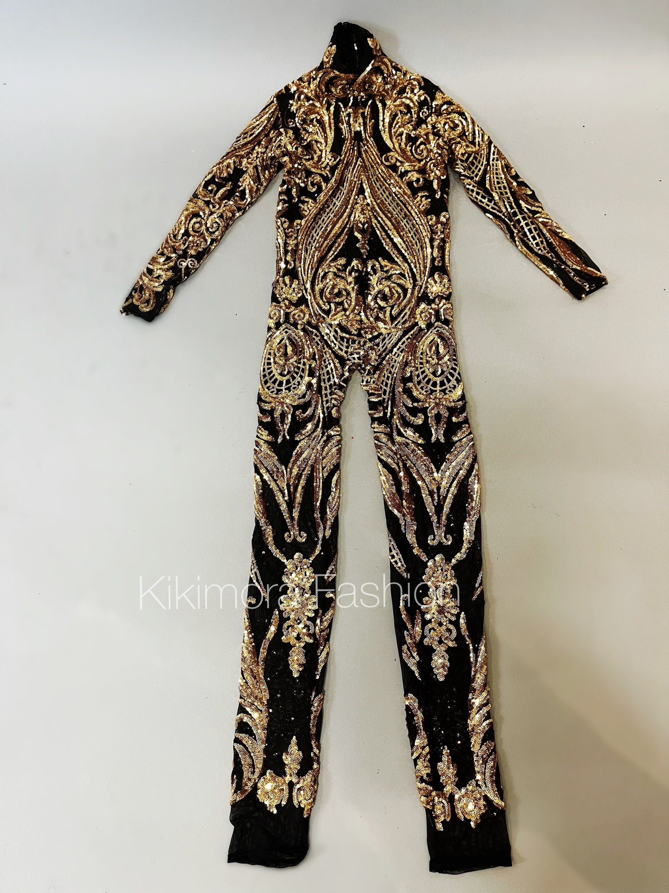 Sequins Catsuit, Headpiece, Gloves, Skirt, Futuristic Clothing, Exotic Dancewear, Circus Party Outfit