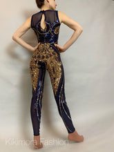 Blue And Gold Sequin Catsuit, Sleeveless, Mock Turtleneck